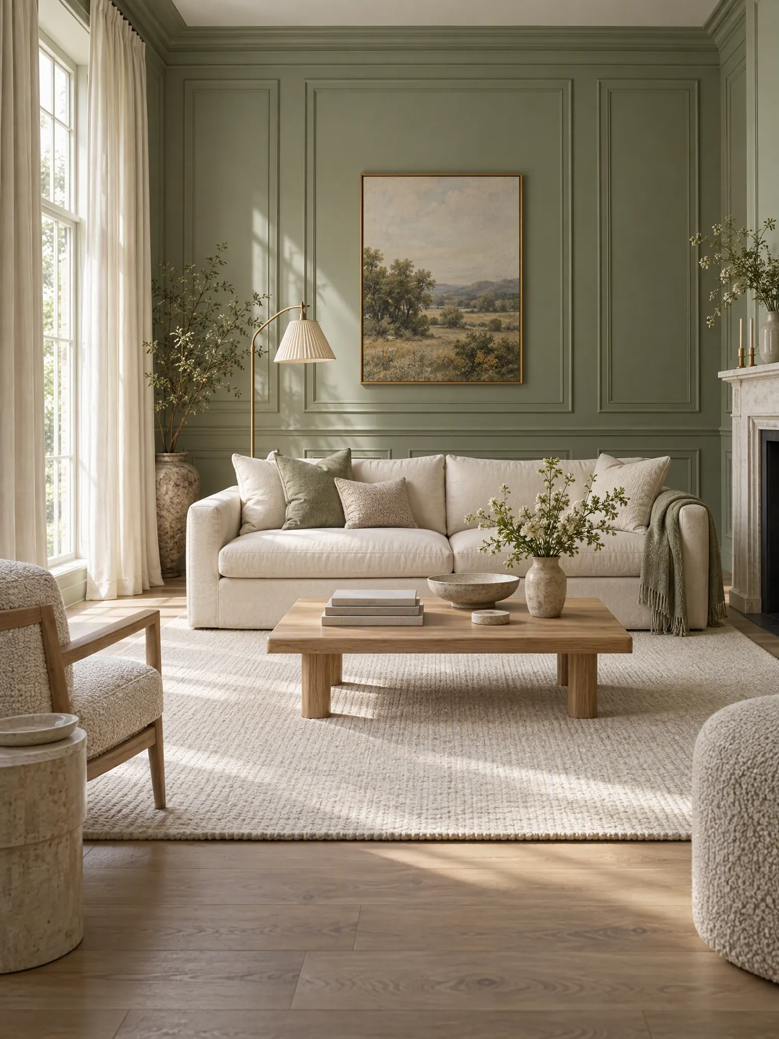 Living room with sage green panelled walls, a cream sofa and curtains, a pale wool rug and light oak furniture