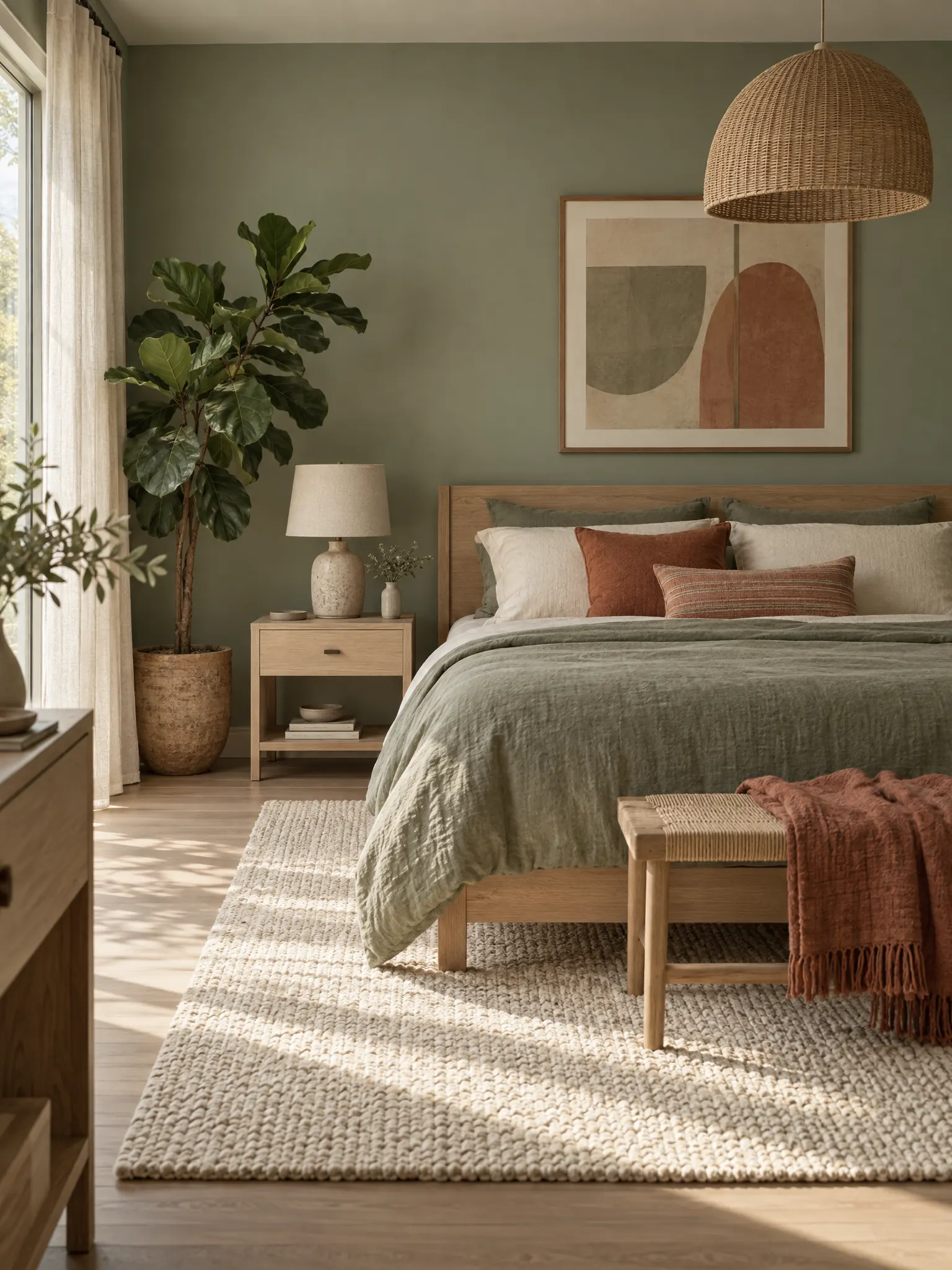 Bedroom with sage green walls and bedding, a light oak bed, cream and terracotta cushions and a rattan pendant