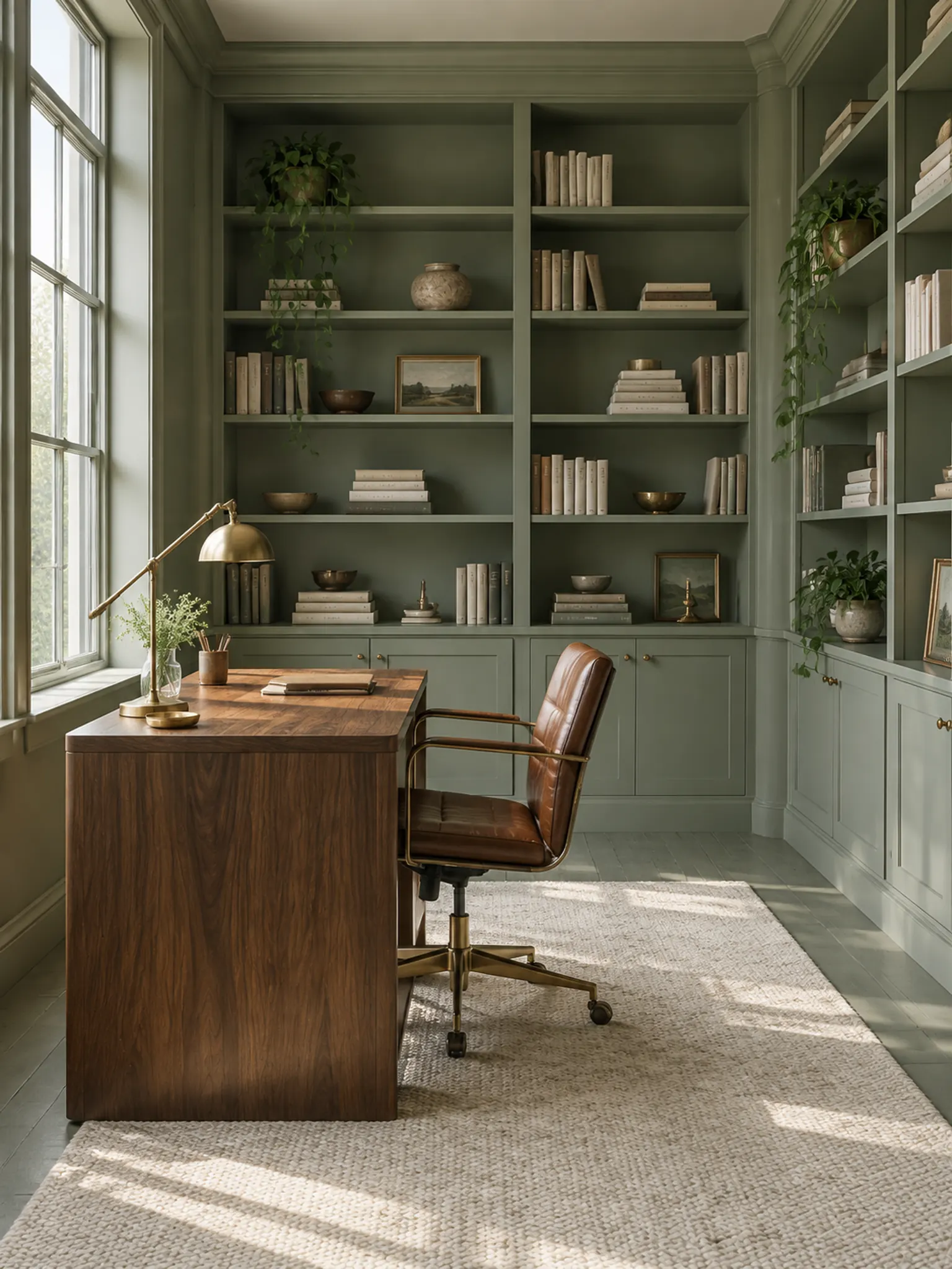Study with sage green walls and built-in shelves, a walnut desk, a brass lamp and plants