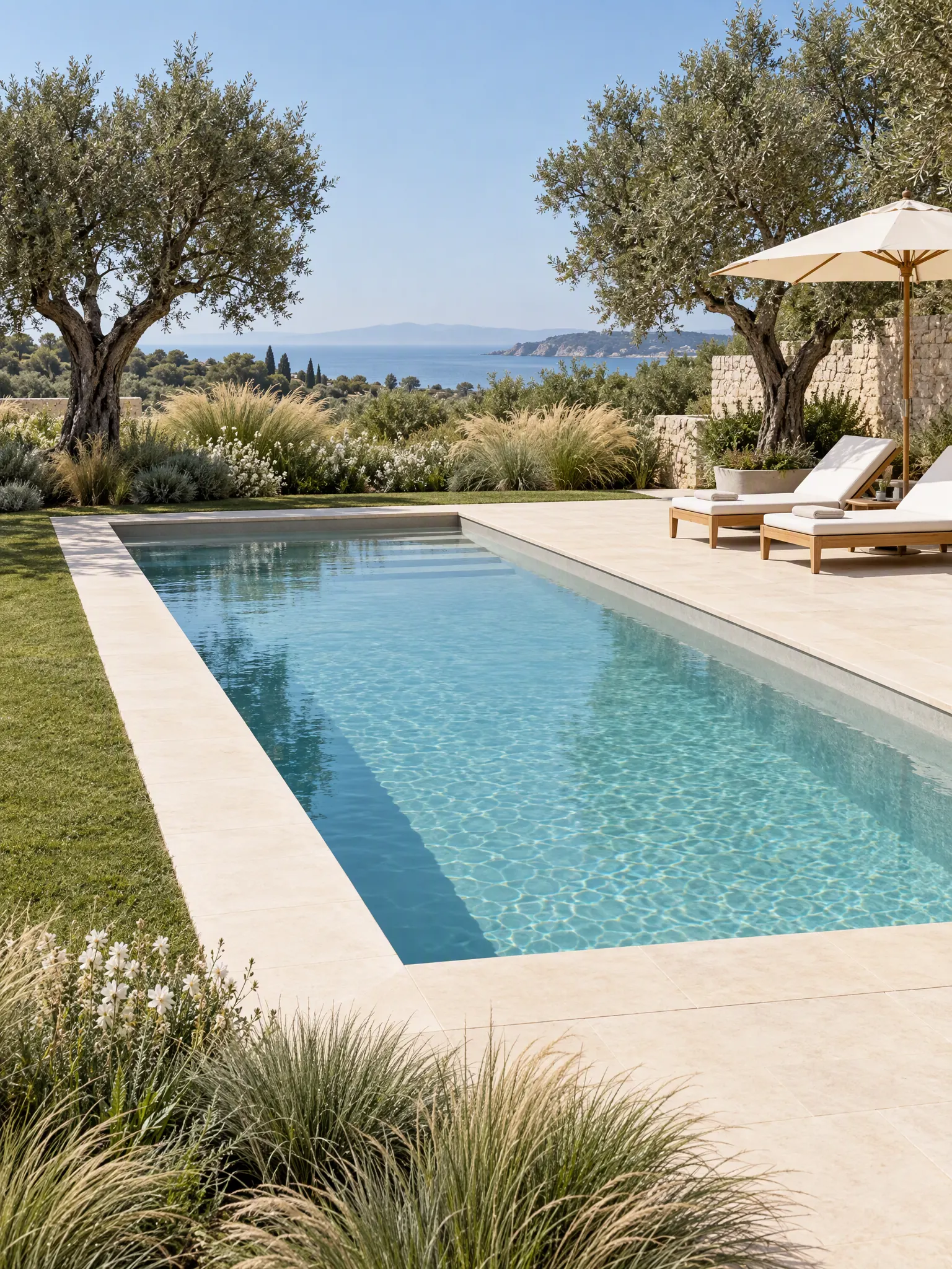 Rectangular saltwater pool with a pale limestone surround, a lawn, grasses, olive trees, two loungers and an umbrella