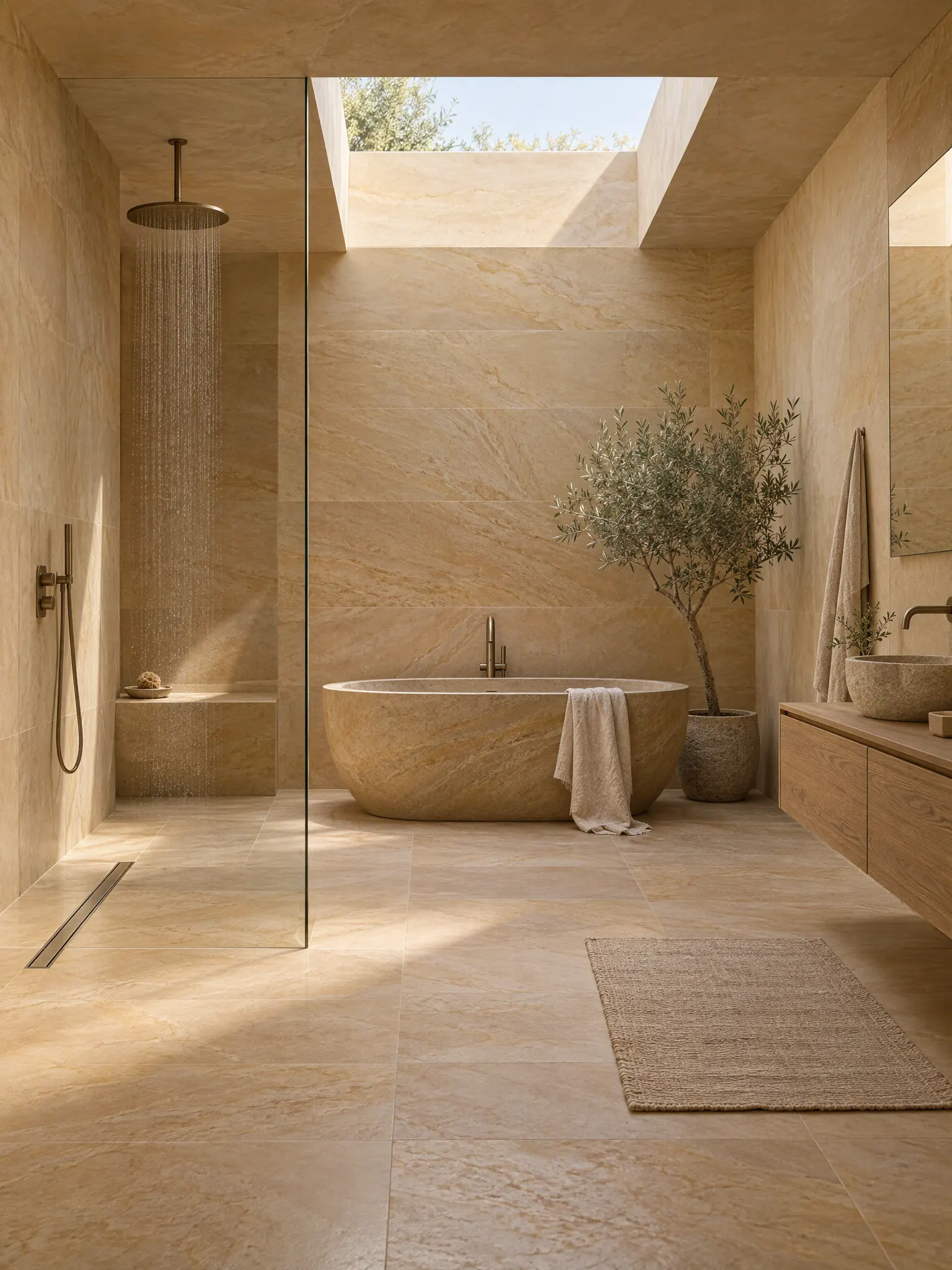 Spa bathroom wet room in honey sandstone with a rain shower, a stone bench and a soaking tub under a skylight