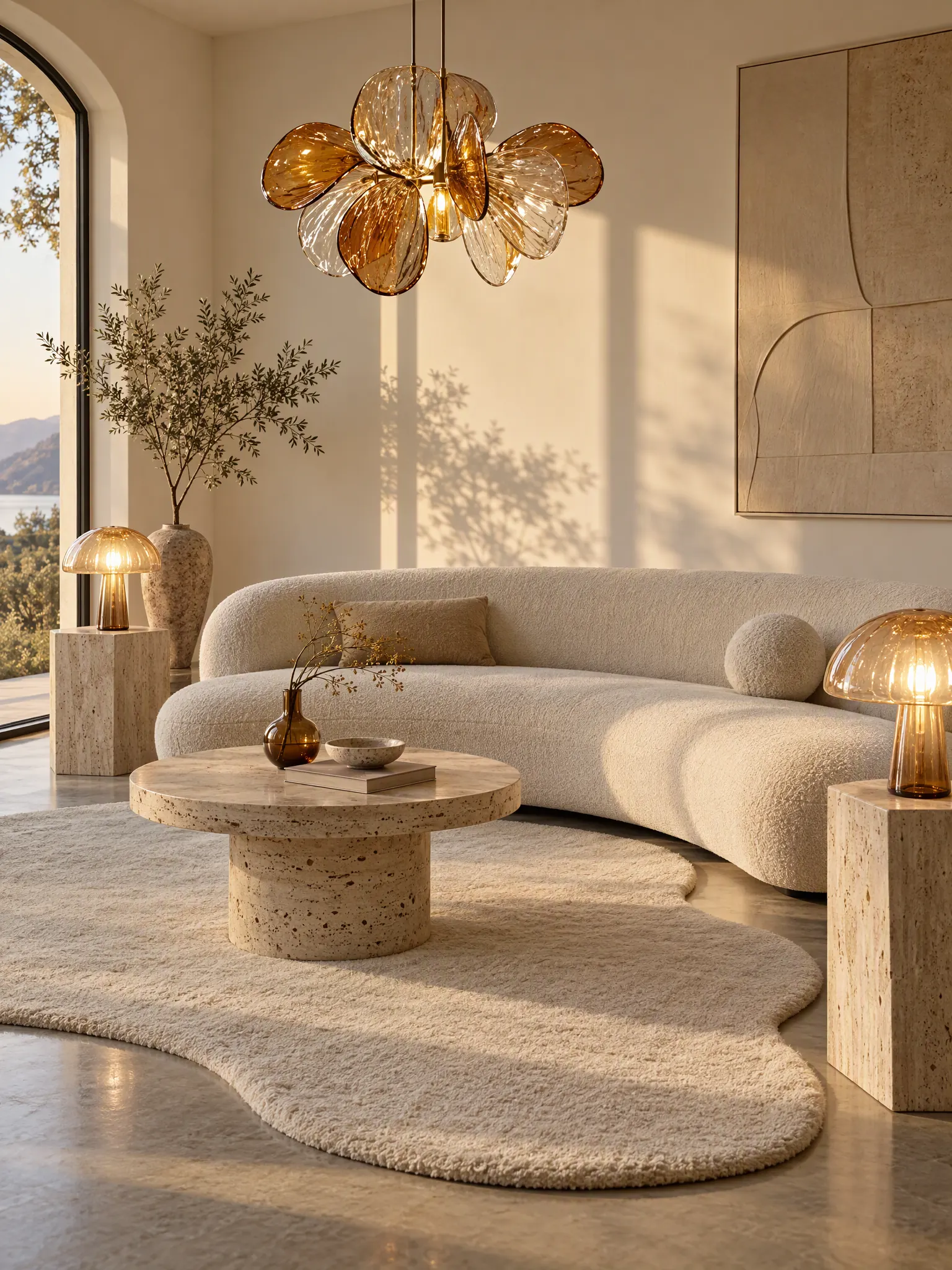 Sculptural living room with a curved cream sofa, an irregular rug, a Murano glass pendant and mushroom lamps