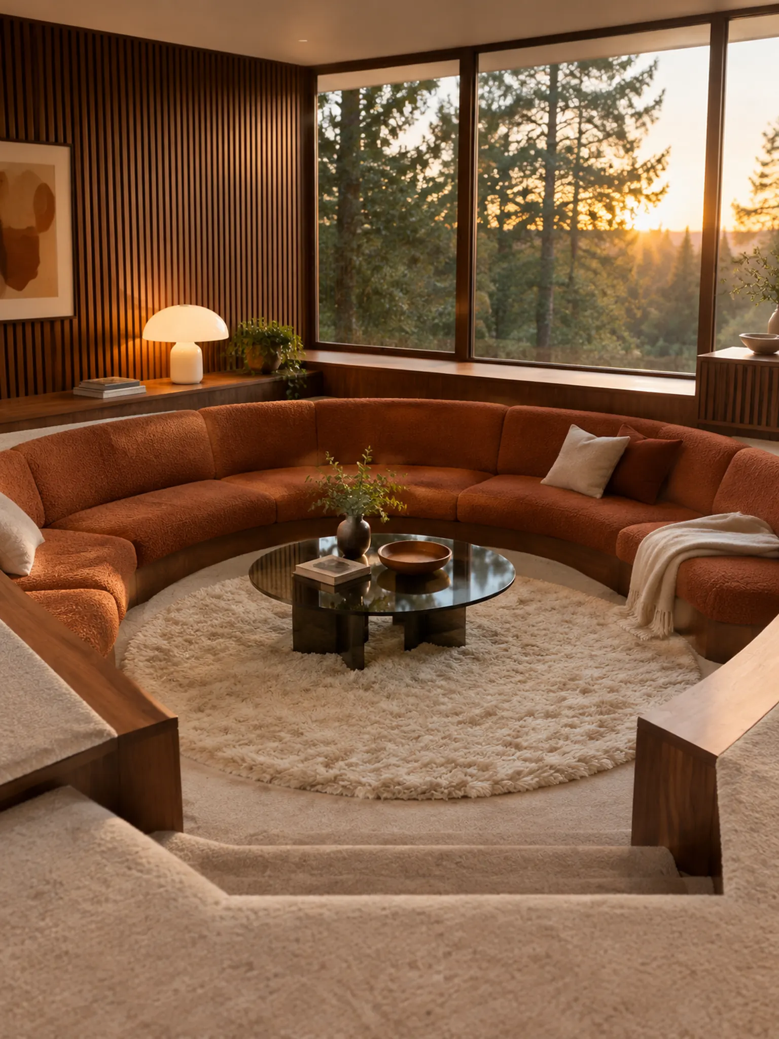 1970s sunken living room with a curved rust bouclé sofa, walnut panelling, a shag rug and a mushroom lamp