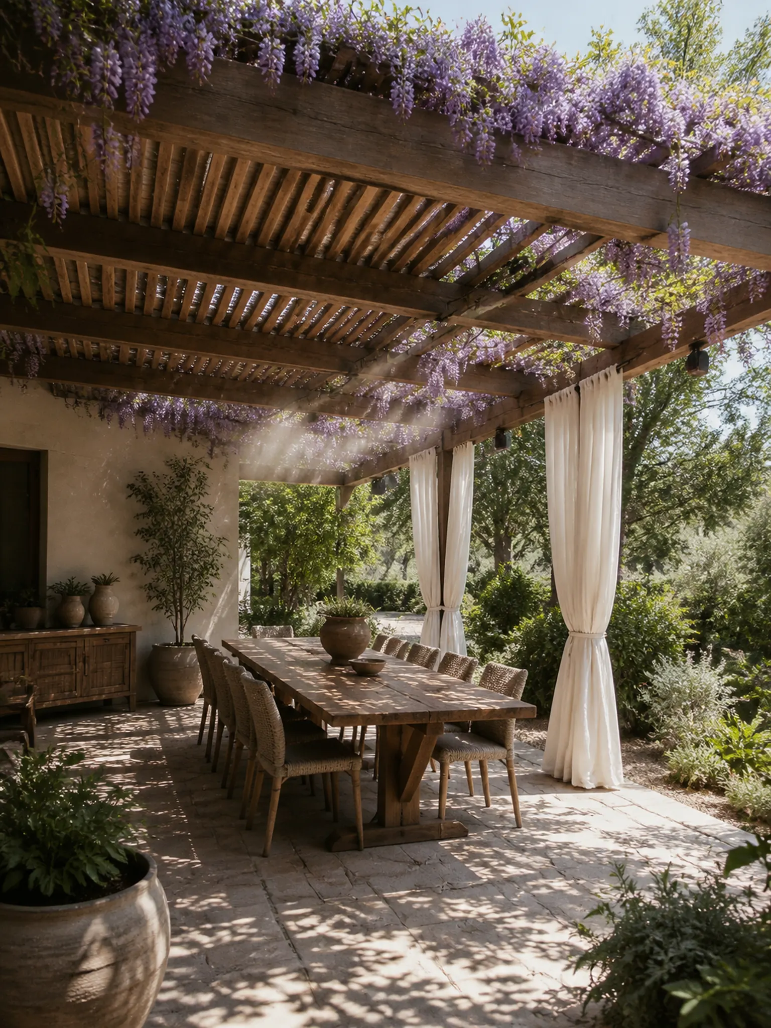 Shaded pergola patio with adjustable timber louvres, a vine over the dining table and outdoor curtains