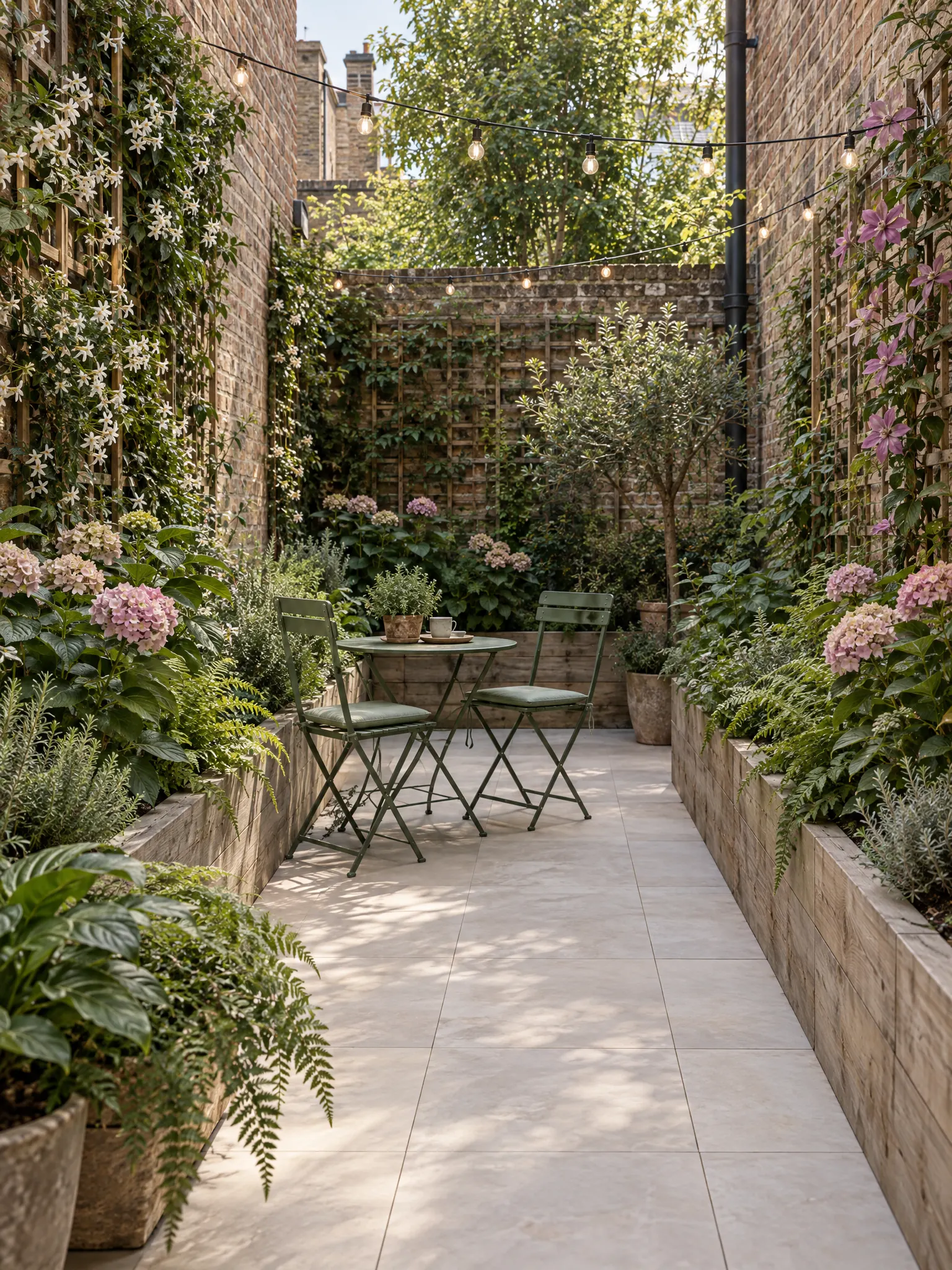 Small paved city patio with raised beds along the walls, climbers on trellis and a bistro set for two