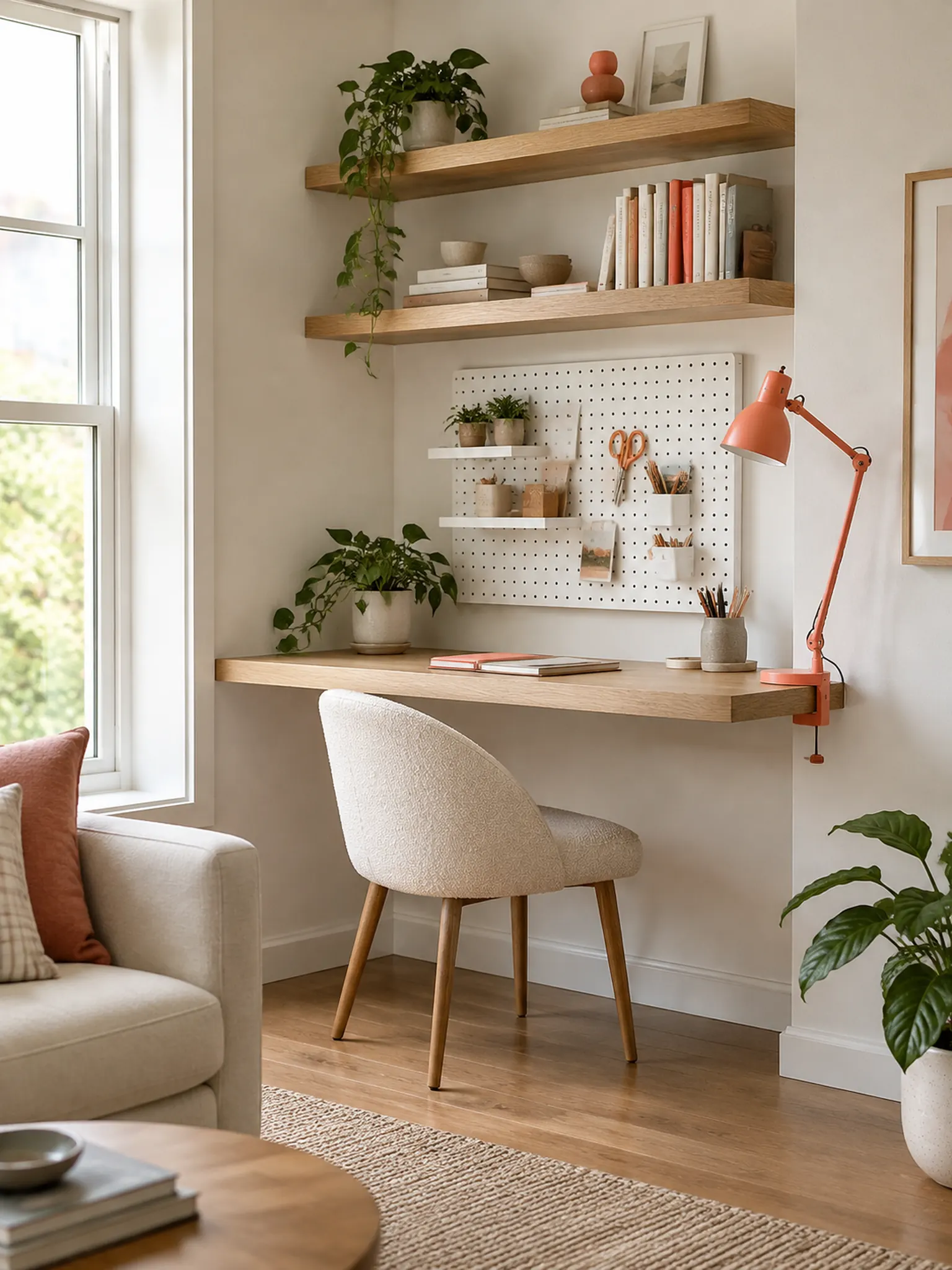 Small home office in a corner with a wall-mounted desk, a pegboard, floating shelves and a clamp lamp