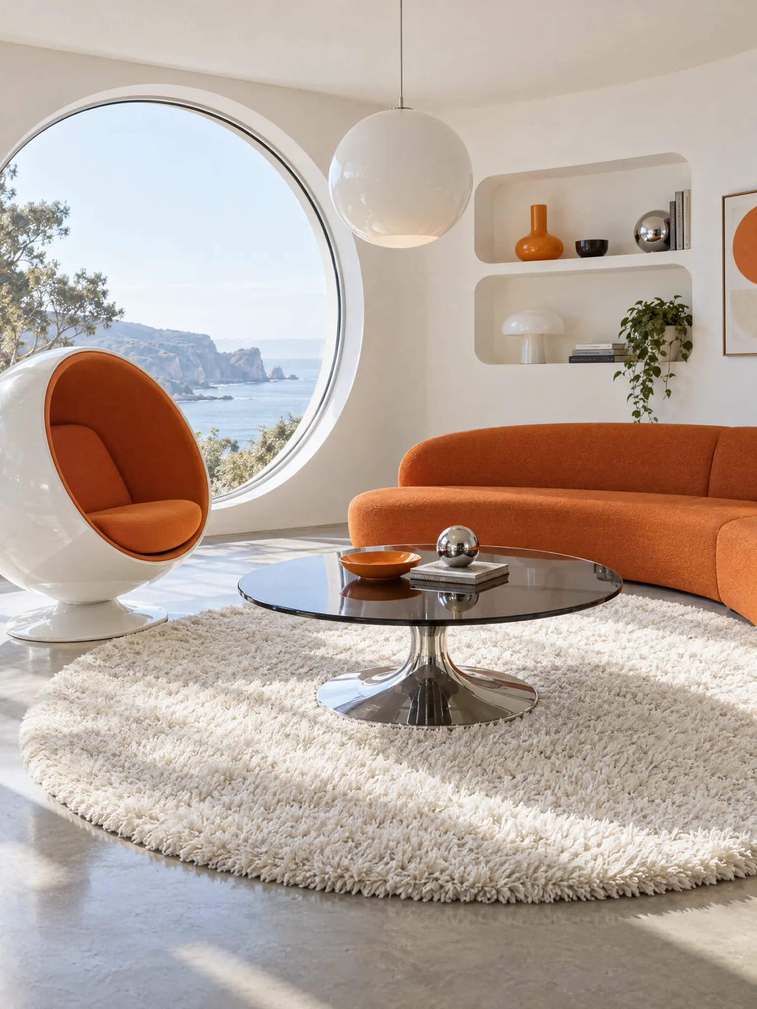 Space-age living room with a white pod chair, a low curved orange sofa, a globe pendant and chrome details