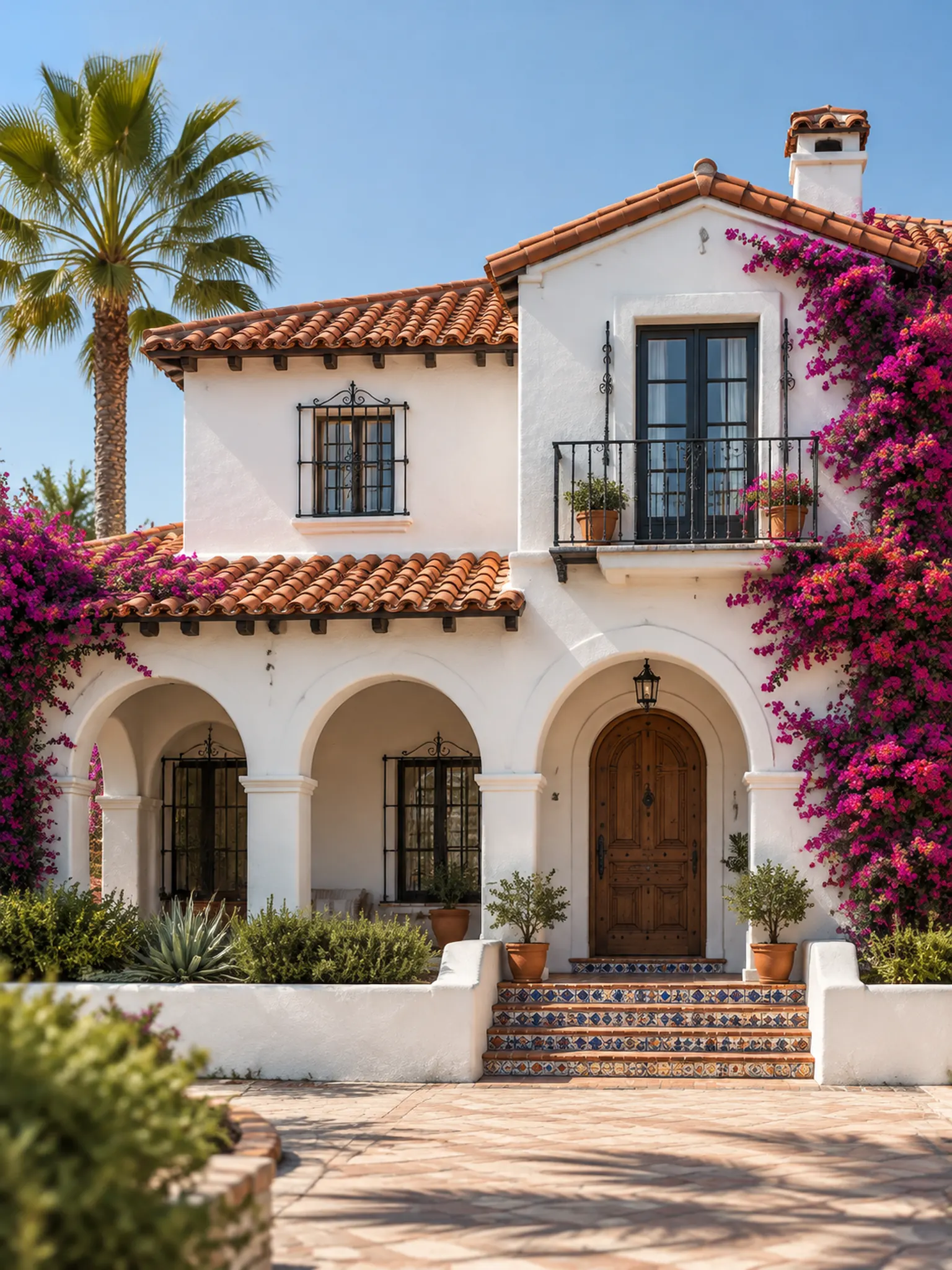 Spanish Colonial Revival house with white stucco, a red tile roof, an arched loggia, iron window grilles and bougainvillea