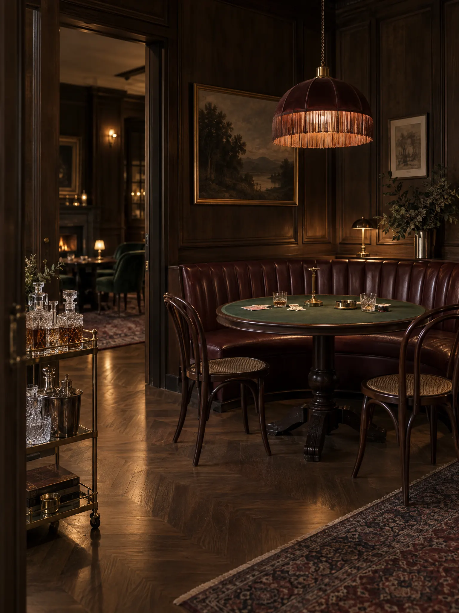 Speakeasy dining room with dark panelling, a leather banquette, a round green baize table and a brass bar cart