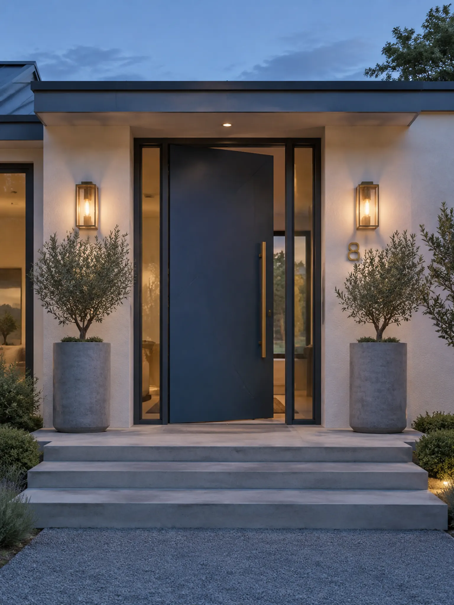 Contemporary front entry with a wide blue-grey pivot door, tall planters, a house number and two wall lights