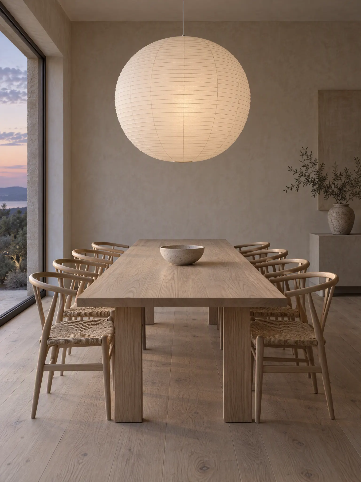 Modern dining room with one oversized paper pendant above a long table, simple chairs and bare walls