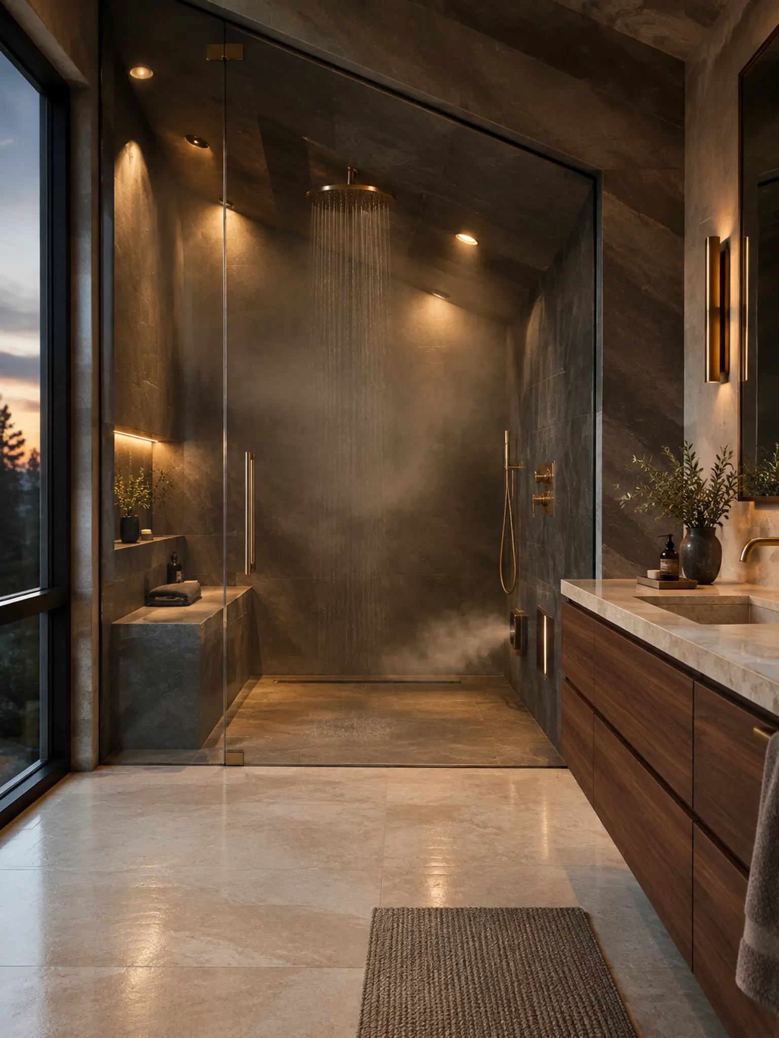 Bathroom with a floor-to-ceiling glass steam shower, a stone bench and dark slate walls