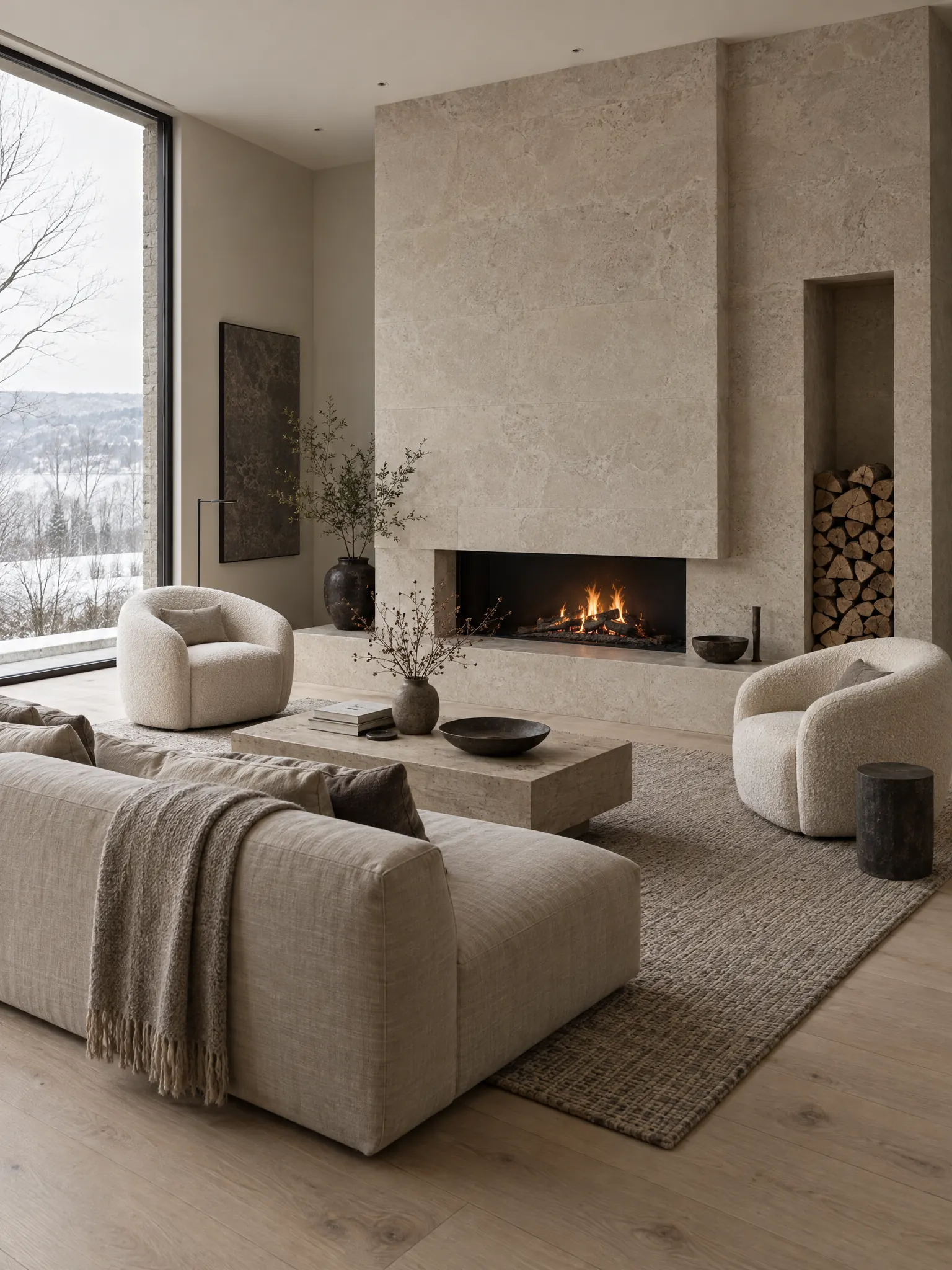 Living room with a floor-to-ceiling limestone fireplace, a log store, two armchairs facing the fire and a sofa