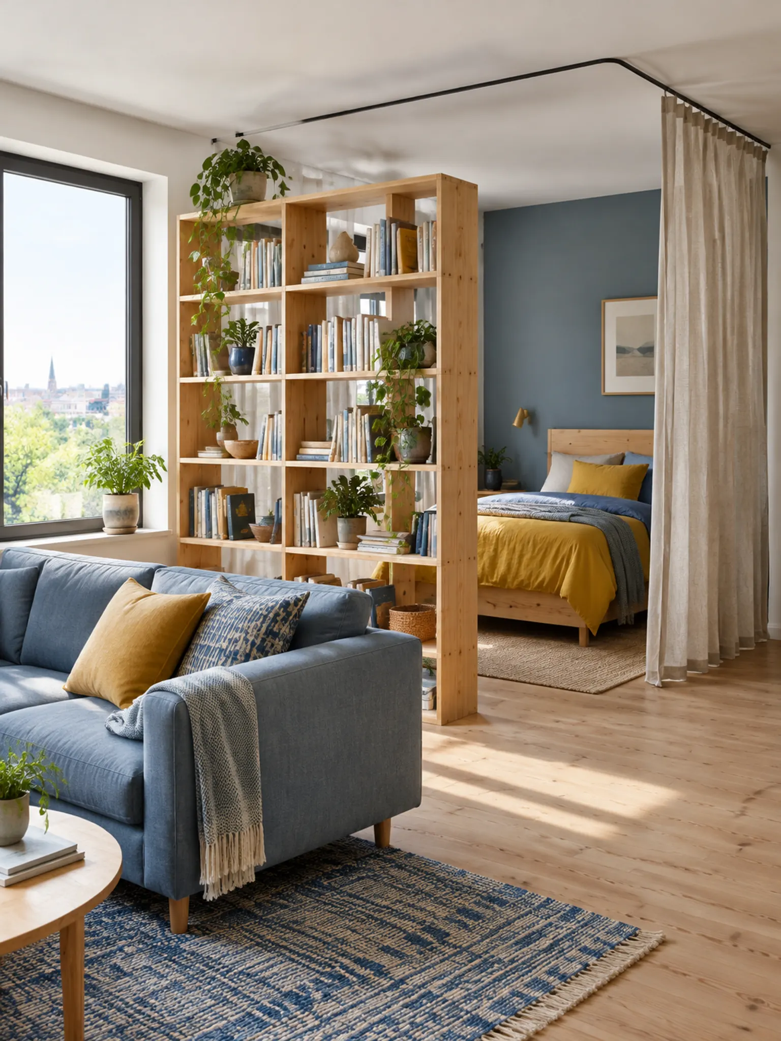 Studio apartment bedroom alcove made with a bookcase divider and a curtain, beside the living area