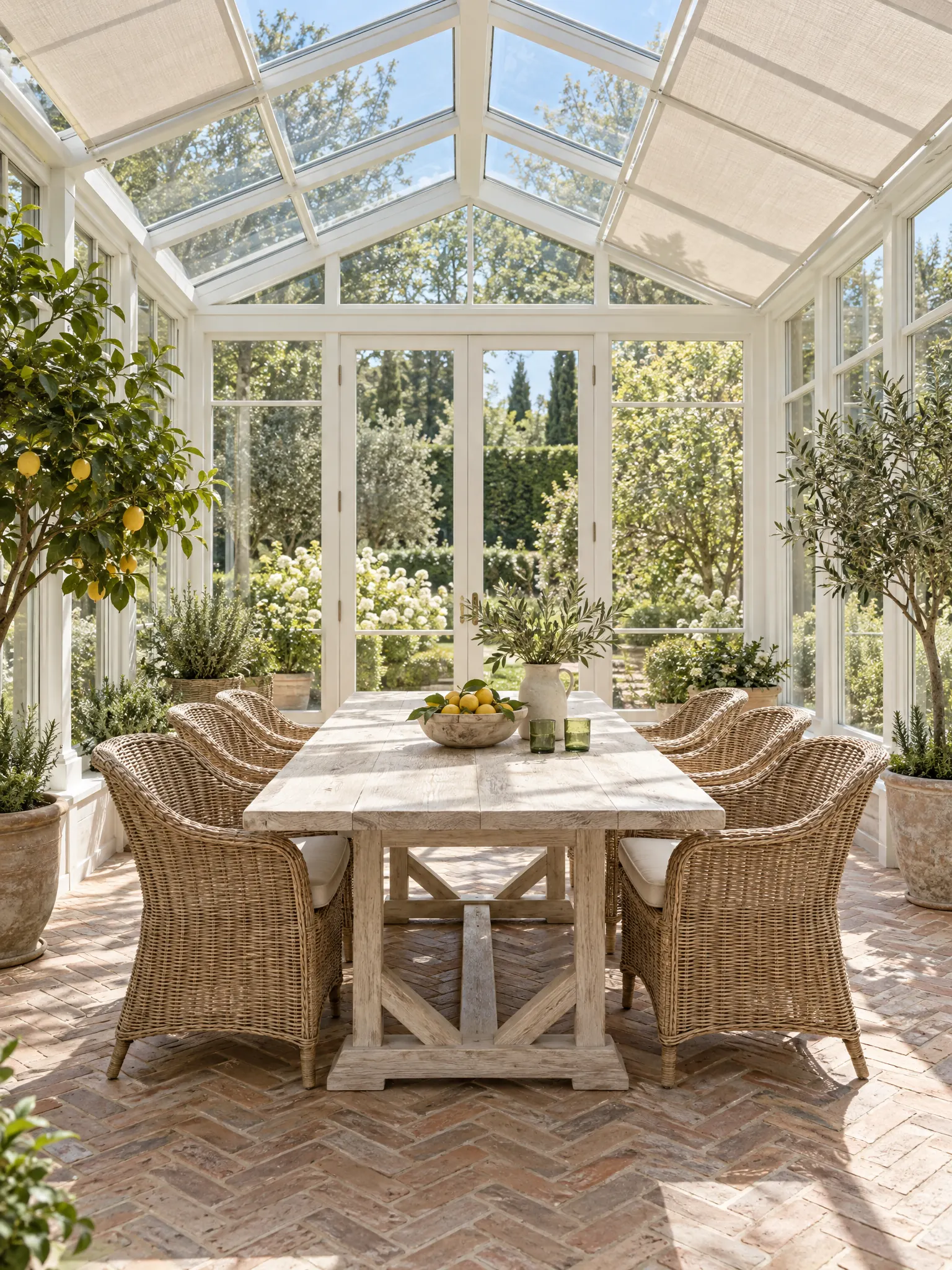 Sunroom used as a dining room with a whitewashed table, wicker chairs, potted citrus trees and linen blinds
