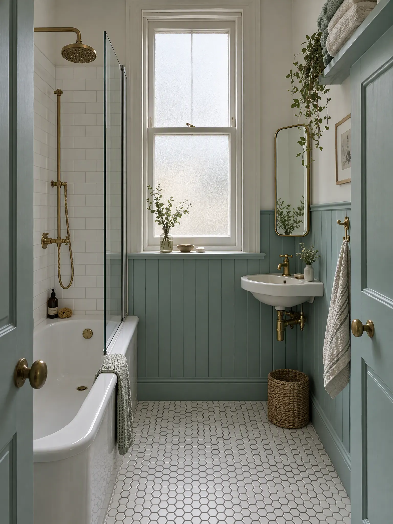 Tiny tenement bathroom with a short bath and shower, a corner basin, painted panelling and a high window