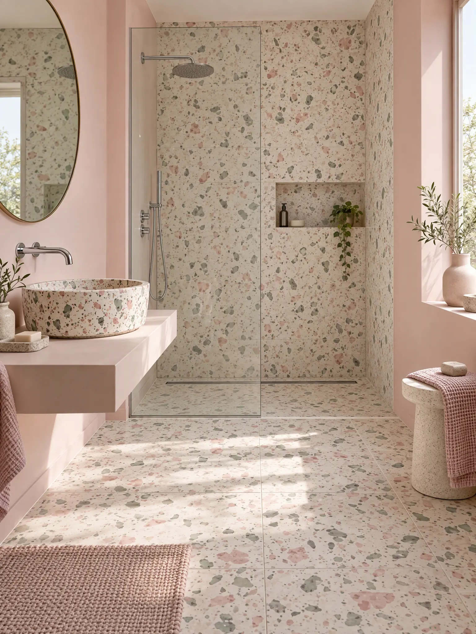 Bathroom with terrazzo floor and shower wall in pink, green and grey chips, a terrazzo basin and pale pink walls