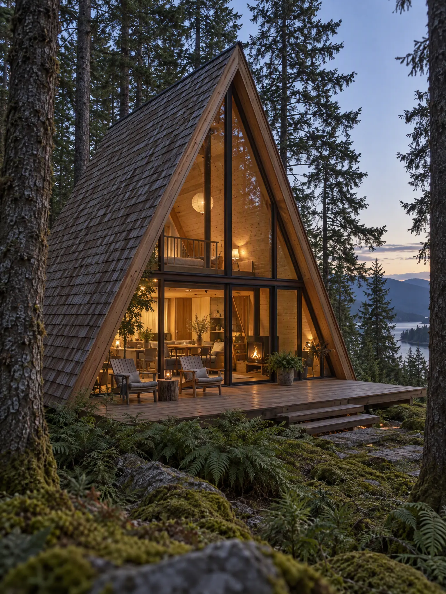 Cedar-shingled A-frame cabin with a full-height glass gable, a small deck and warm interior light among trees