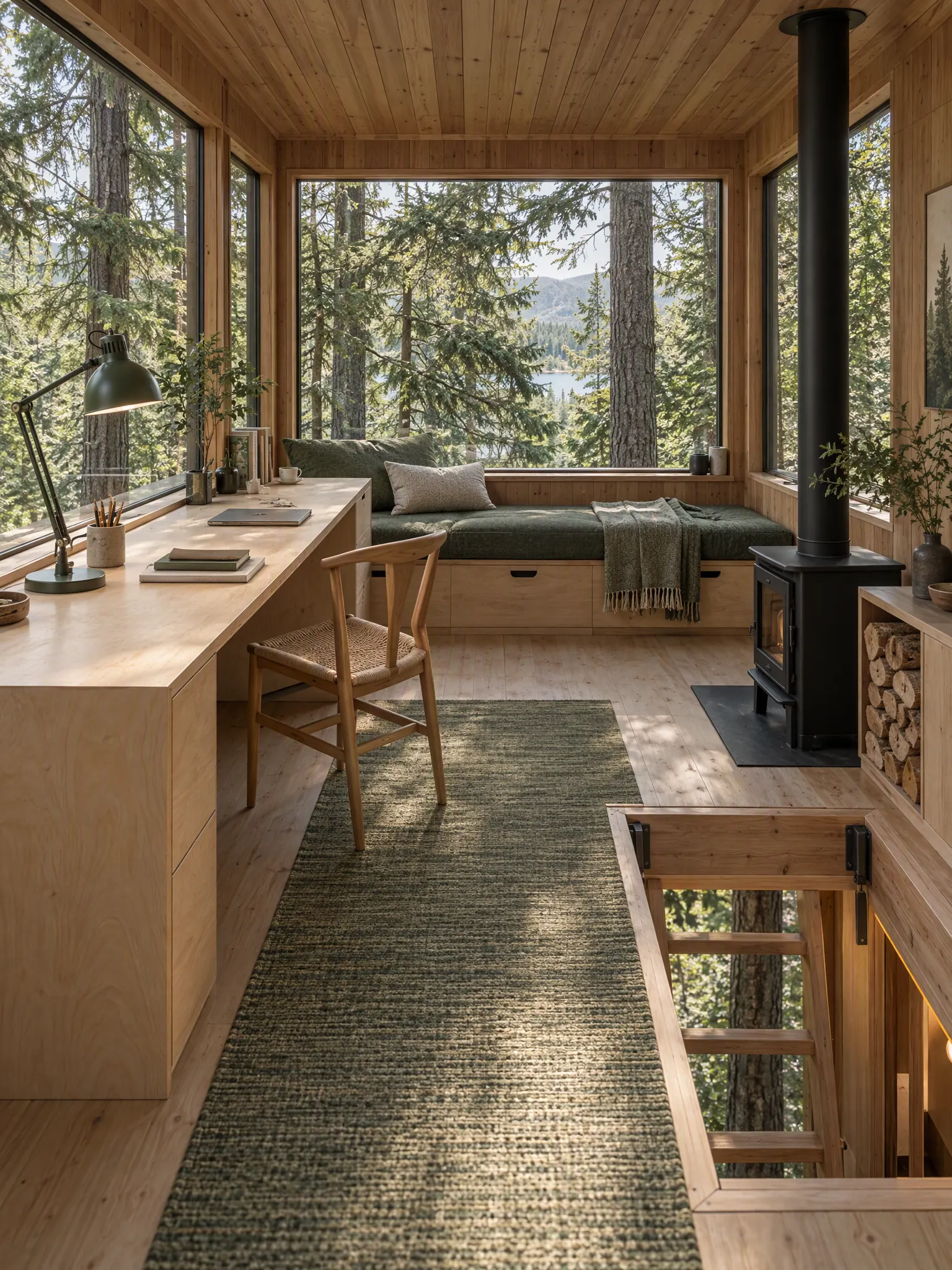 Treehouse studio office with windows on three sides, a long desk facing the trees and a small wood stove