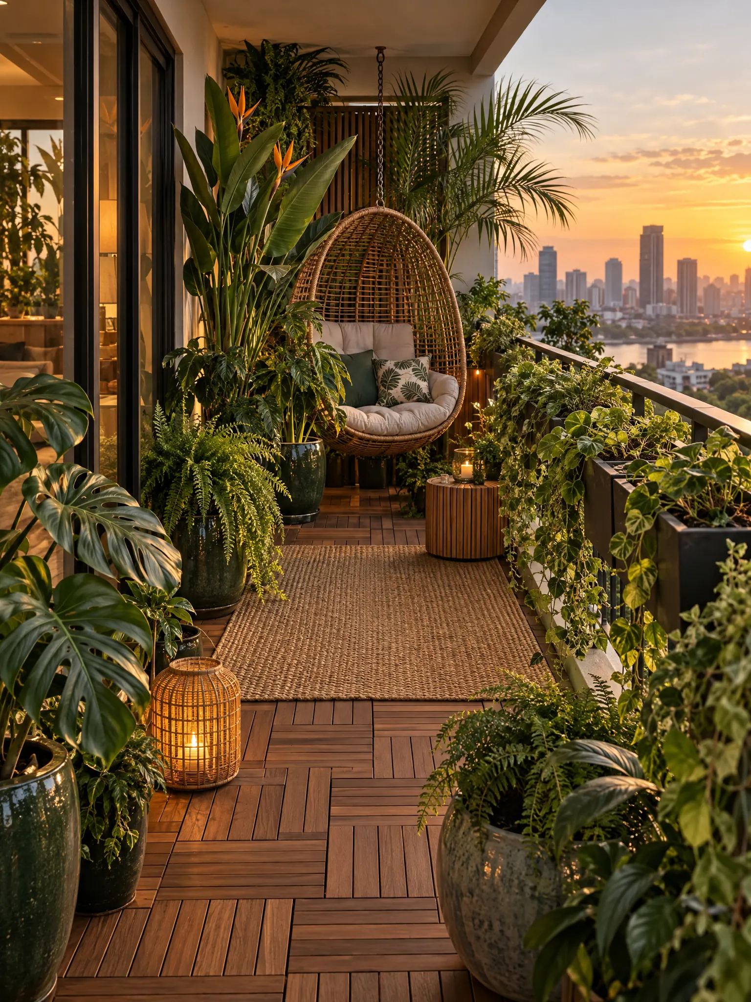 Narrow apartment balcony with layered tropical plants in pots, a hanging chair, a wooden deck floor and rail planters