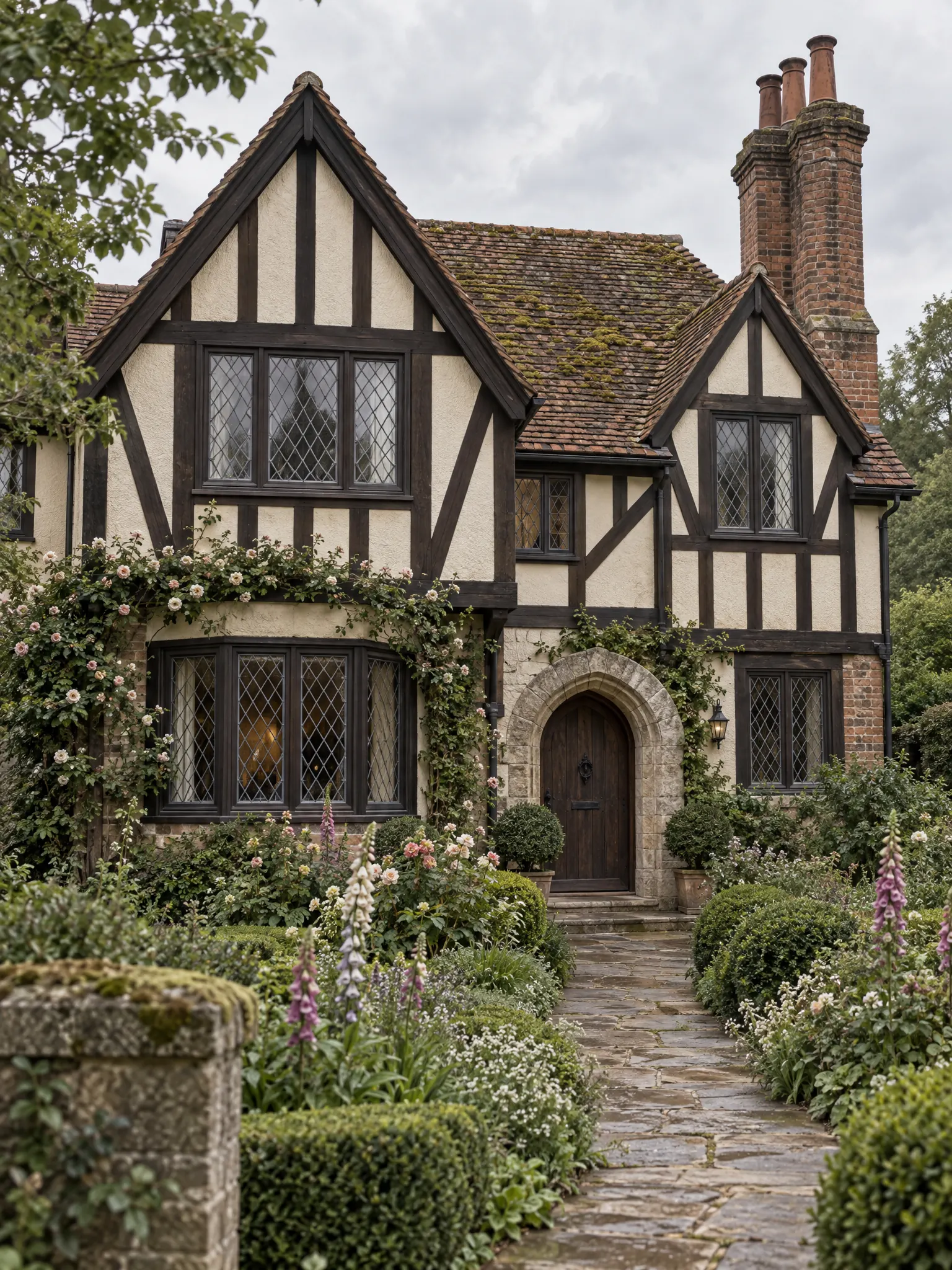 Tudor Revival house with steep gables, dark half-timbering on cream stucco, a stone arched entry and a brick chimney