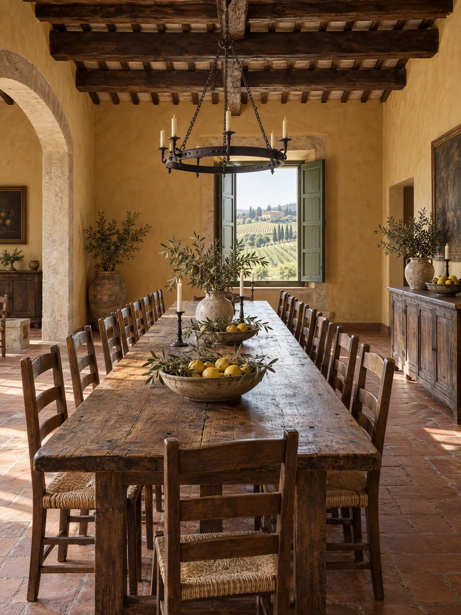 Tuscan dining room with a long rustic table, rush-seat chairs, chestnut beams, terracotta floor and an iron candle chandelier