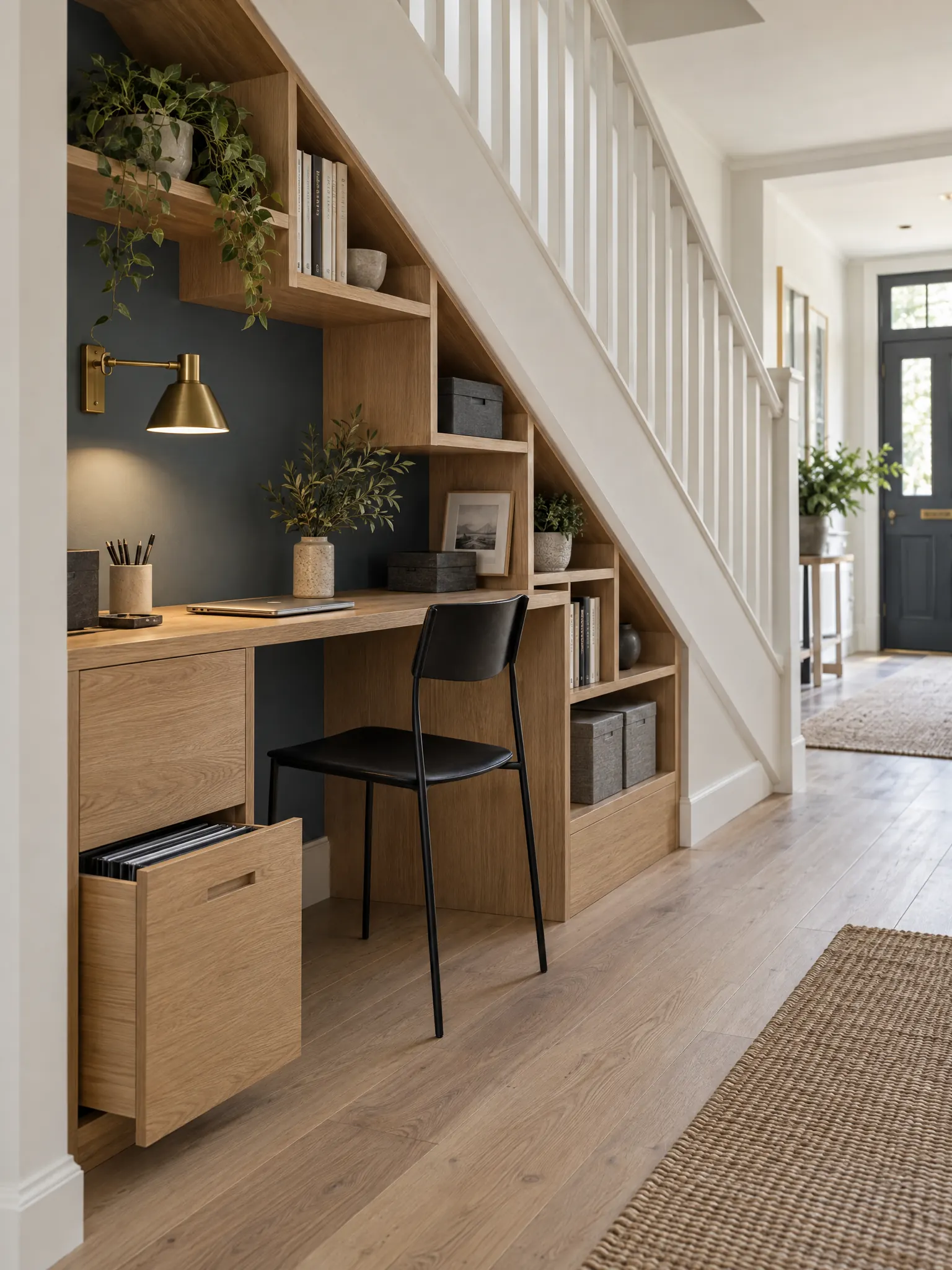 Home office built under the stairs with a desk, shelves following the slope, a filing drawer and a wall light