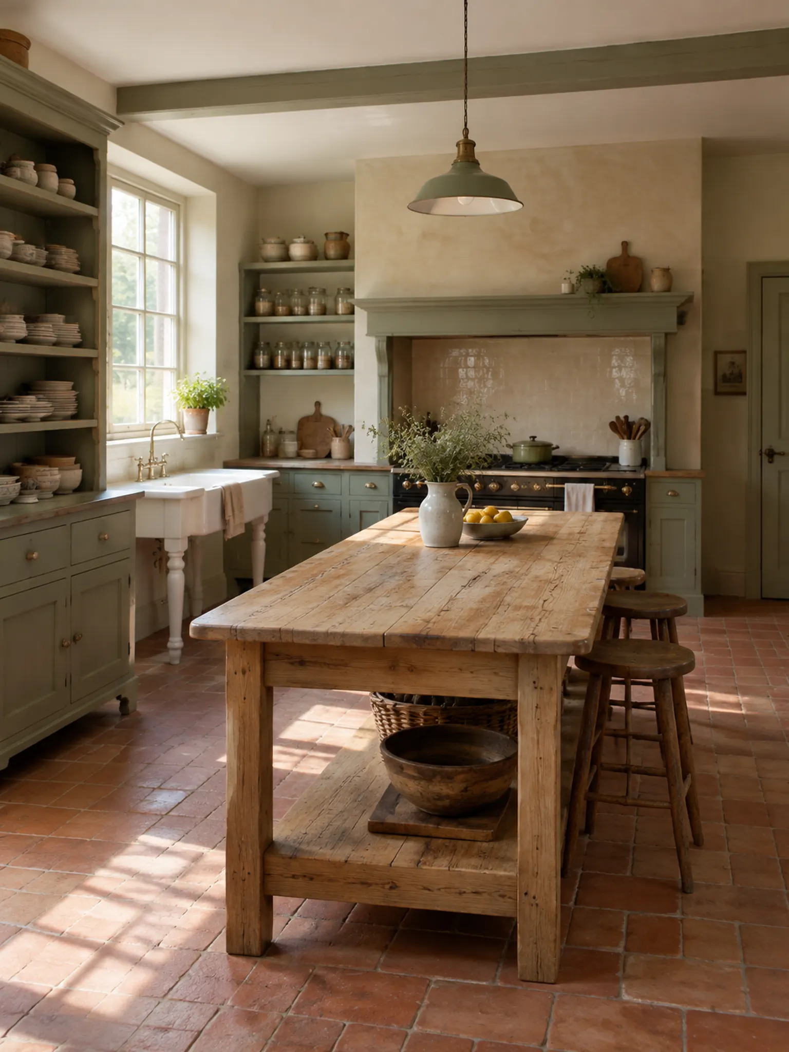 Unfitted kitchen with a farmhouse table as an island, a painted dresser of plates and a freestanding butler sink