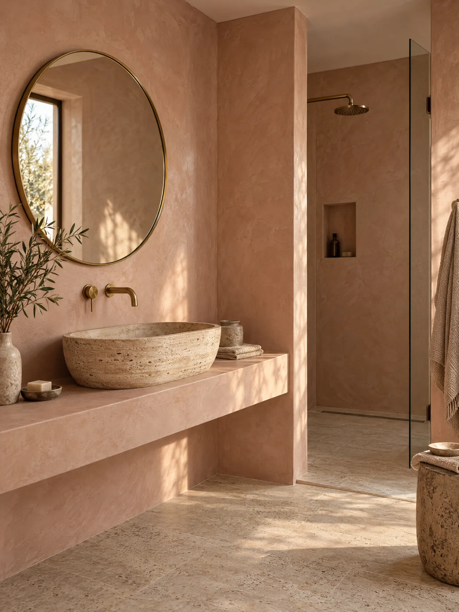 Bathroom with polished clay-pink Venetian plaster walls, a curved stone basin and a brass mirror