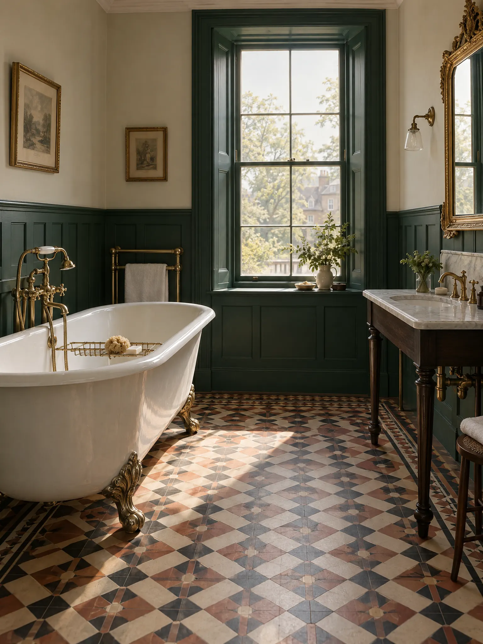 Victorian bathroom with a clawfoot bath, encaustic floor tiles, deep green panelling, a gilt mirror and brass pipework