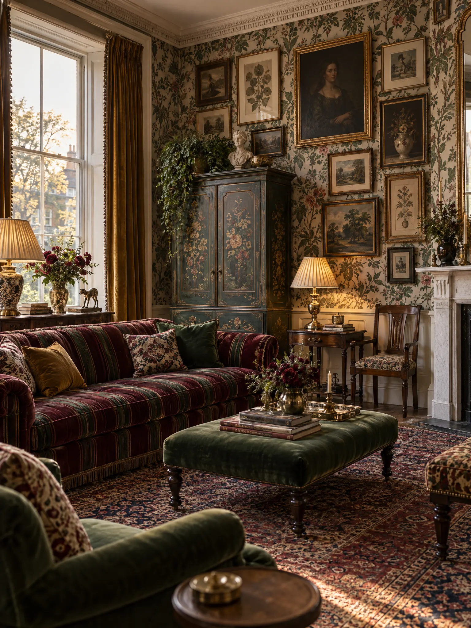 Maximalist living room with floral wallpaper, a striped velvet sofa, a hand-painted cabinet and a dense gallery wall
