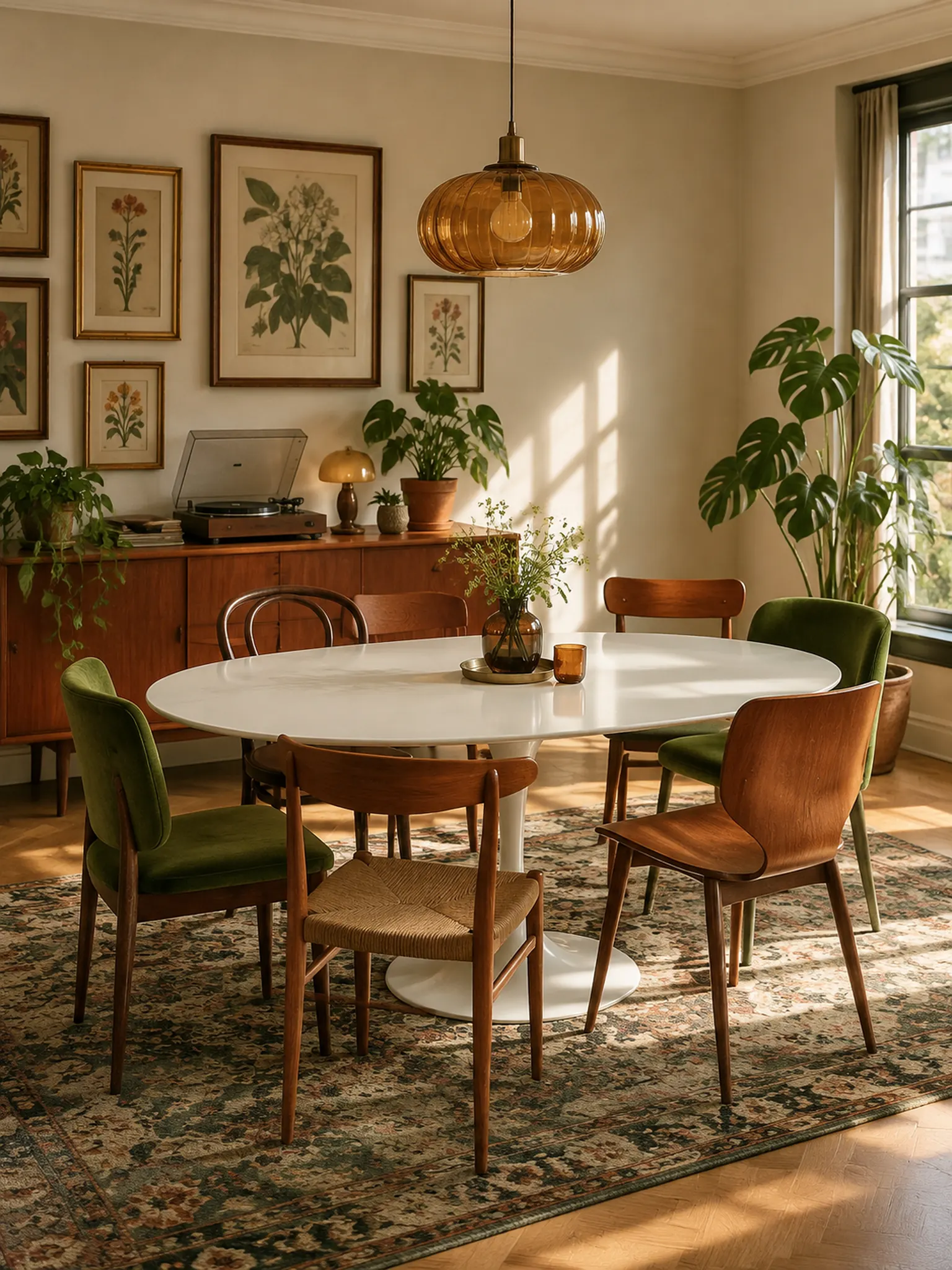 Dining room with a modern table, mismatched vintage chairs, a vintage glass pendant, a thrifted sideboard and old prints