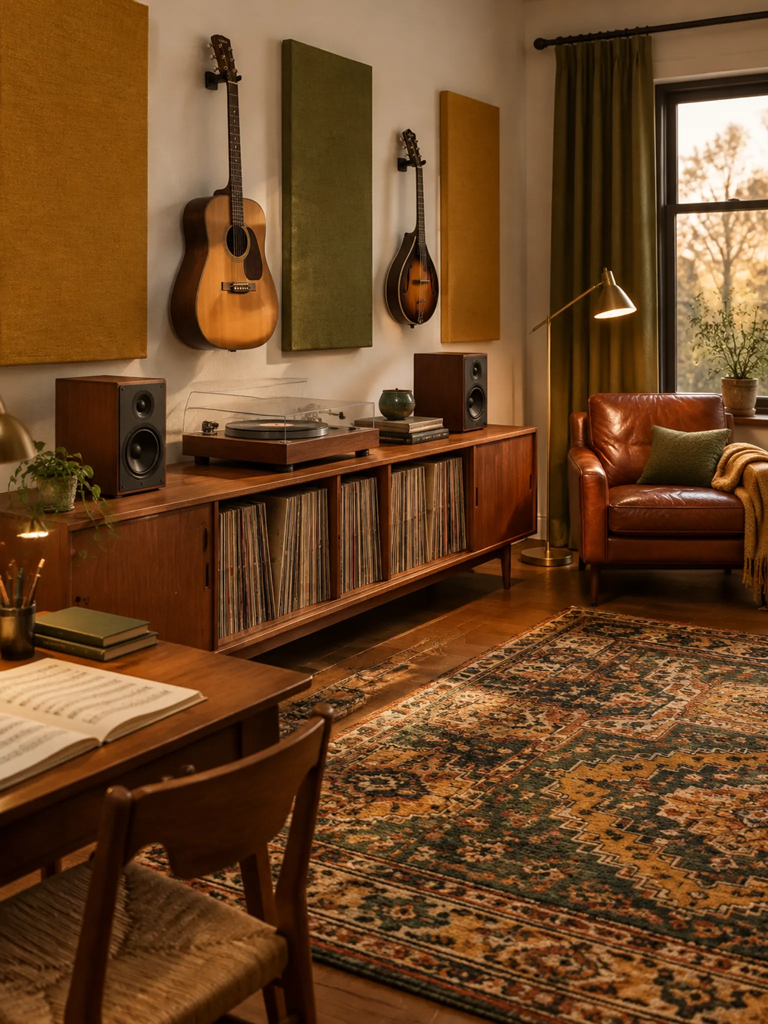 Music room with a record cabinet, a turntable, a guitar on the wall, an armchair and acoustic panels