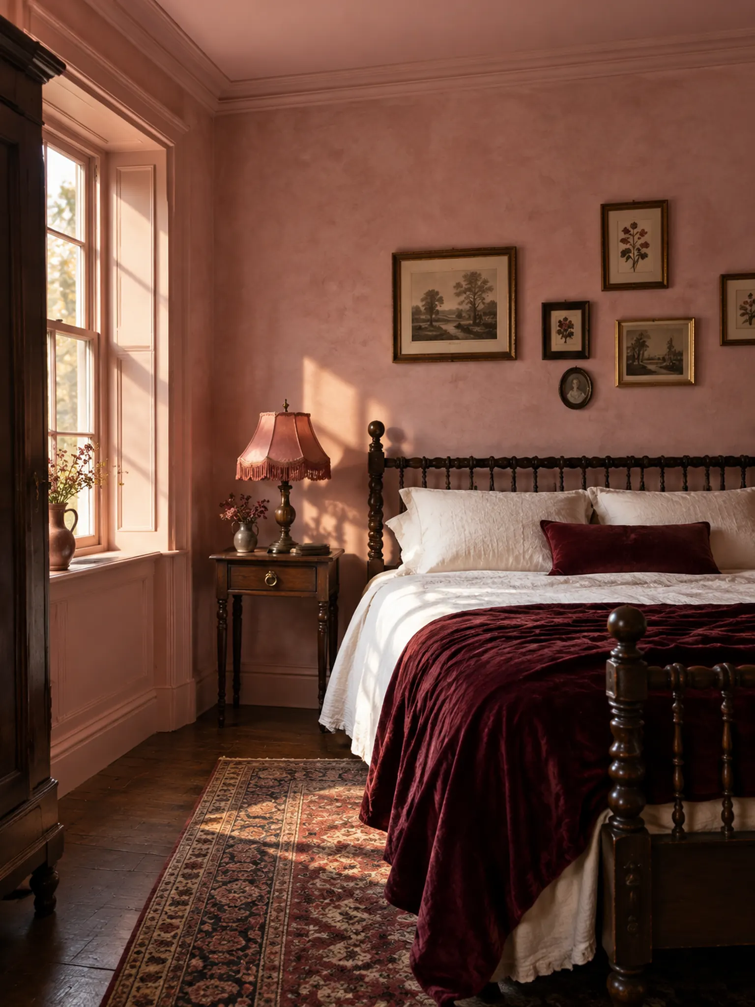 Bedroom with dusty pink walls and ceiling, a dark wood bed, burgundy accents, a fringed lamp and vintage art