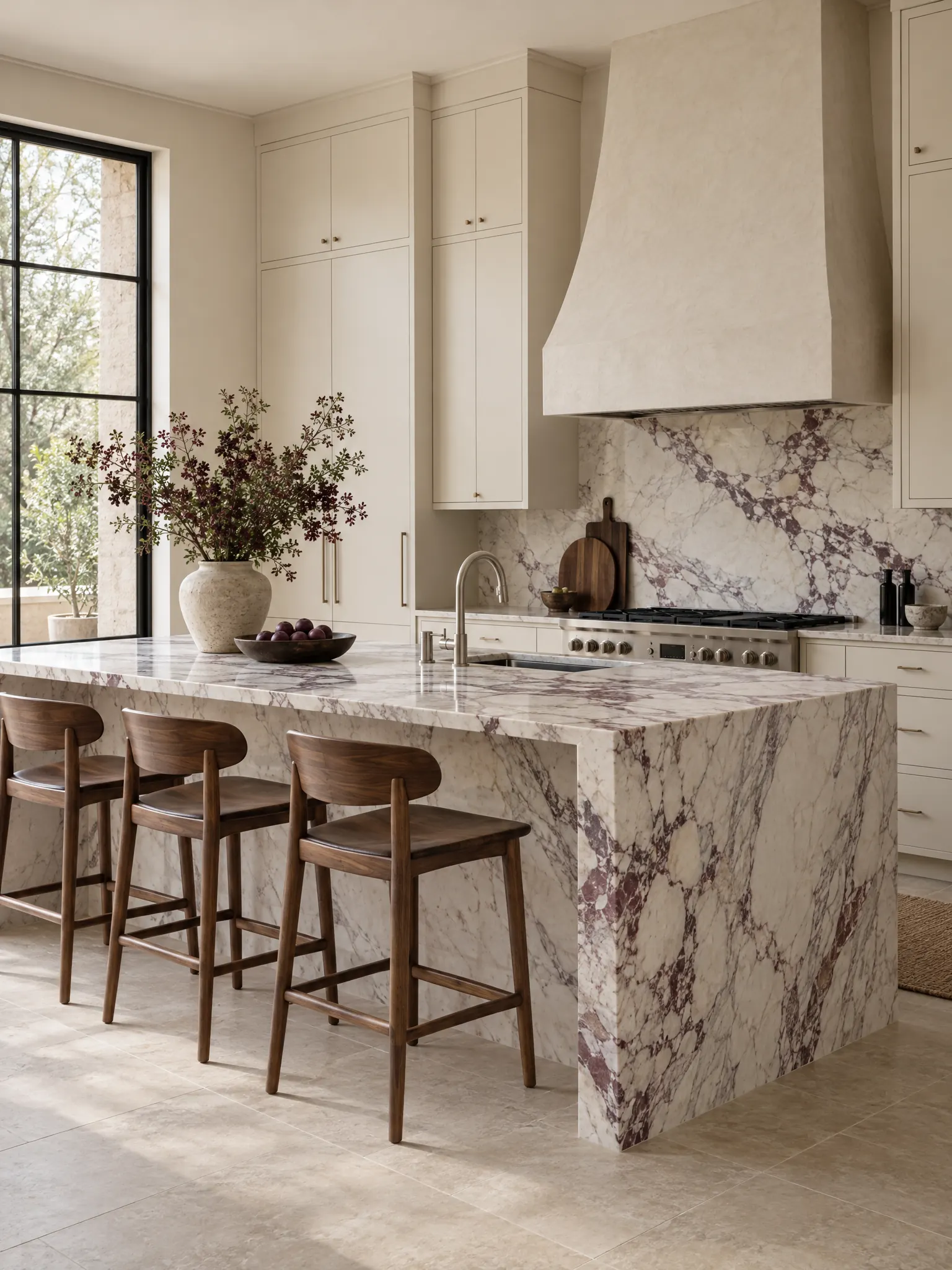 Kitchen with a viola marble waterfall island, cream cabinets and walnut stools