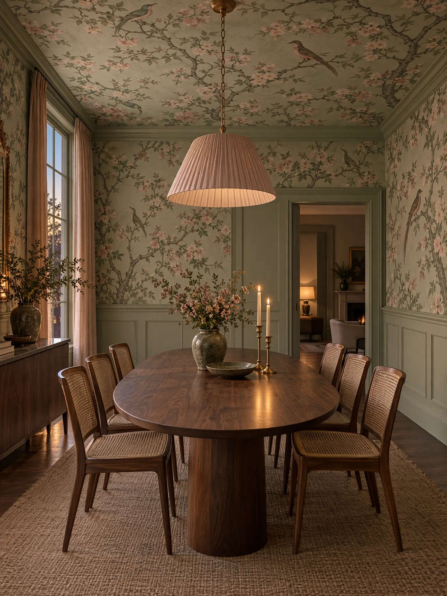 Dining room with a wallpapered ceiling in a soft pattern, plain painted walls and a simple table