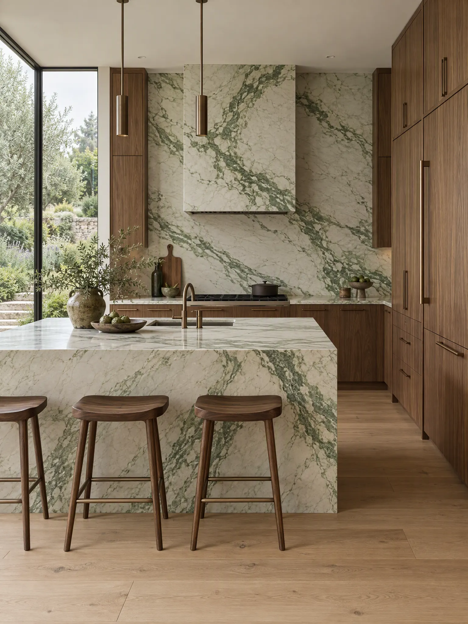 Warm wood kitchen with floor-to-ceiling walnut cabinets and a green-veined quartzite island and backsplash