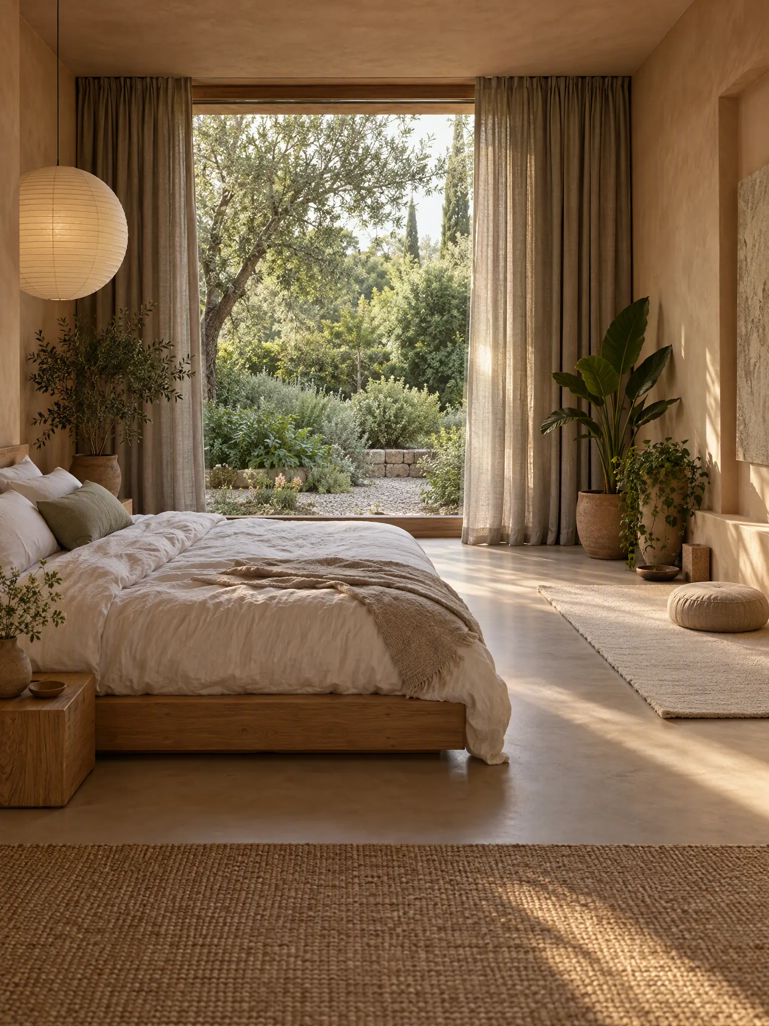 Wellness retreat bedroom with a low bed facing a garden window, blackout linen curtains, plants and a stretching mat
