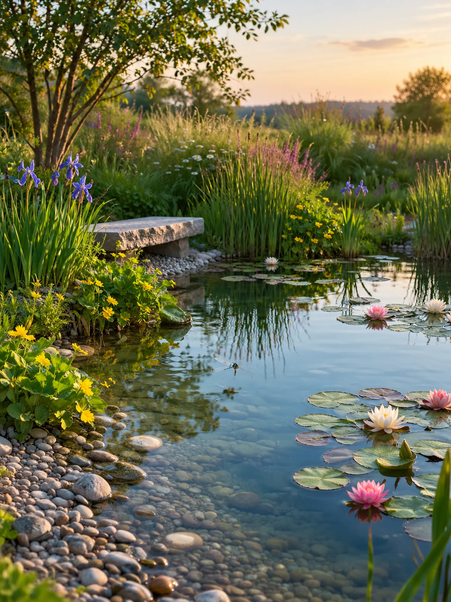 Natural wildlife pond with a pebble beach, water lilies, marginal plants and a stone seat at the edge