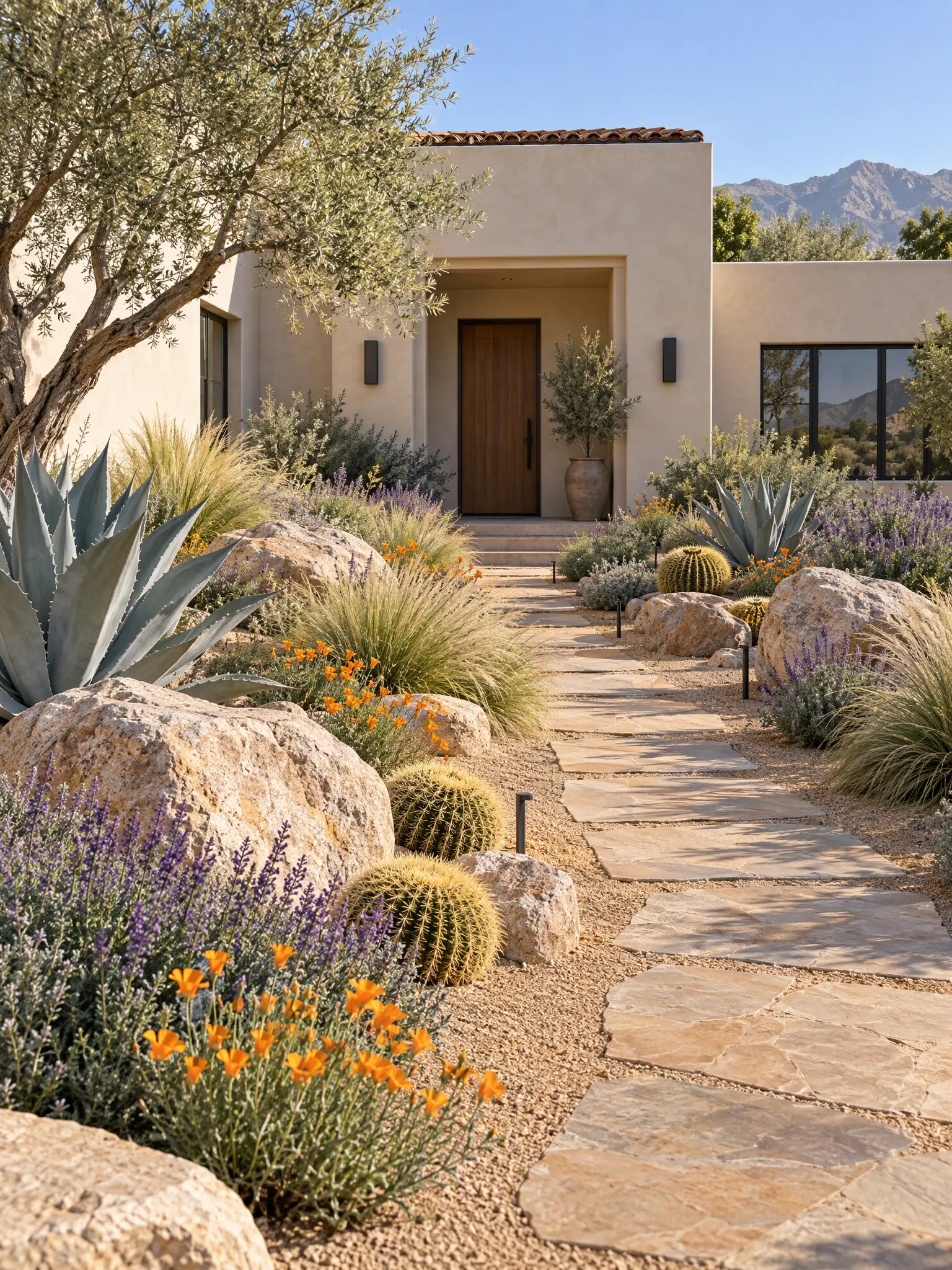 Xeriscape front garden with decomposed granite, boulders, agaves, grasses and flowering salvias instead of lawn