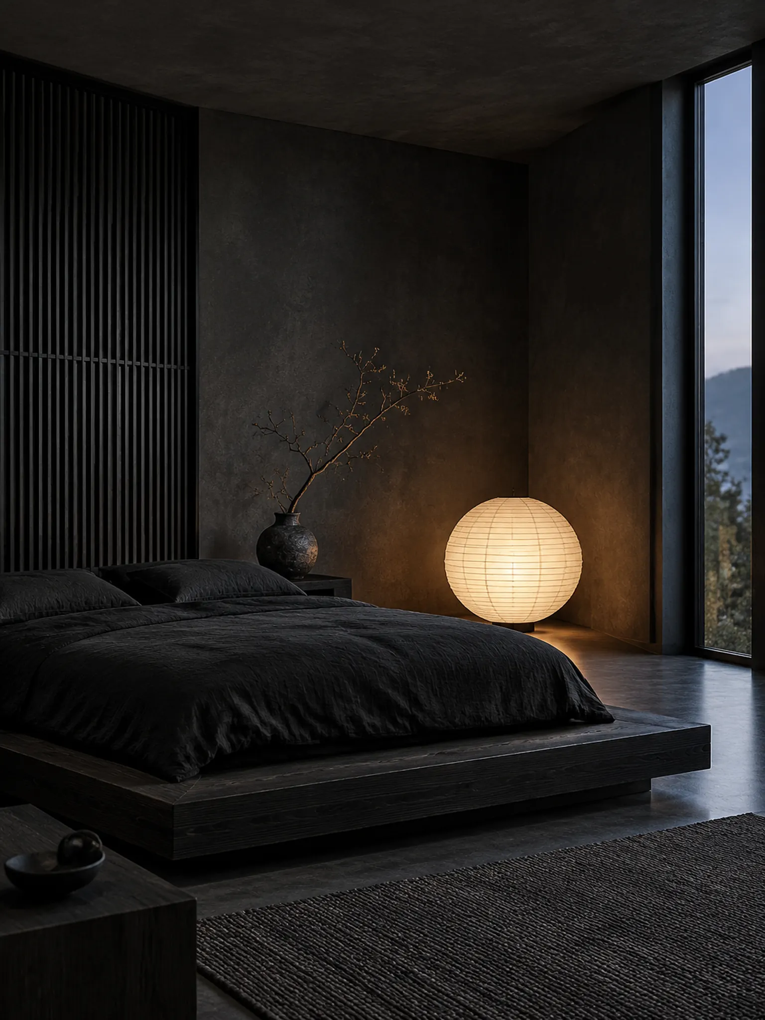 Dark minimalist bedroom with charcoal plaster walls, a low black ash bed, a paper lantern and a single branch in a vase