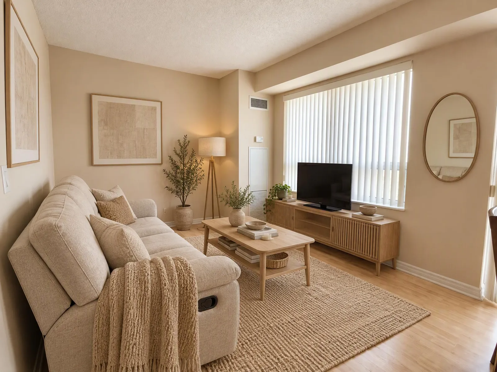 Small Japandi living room before and after: a cramped room made lighter