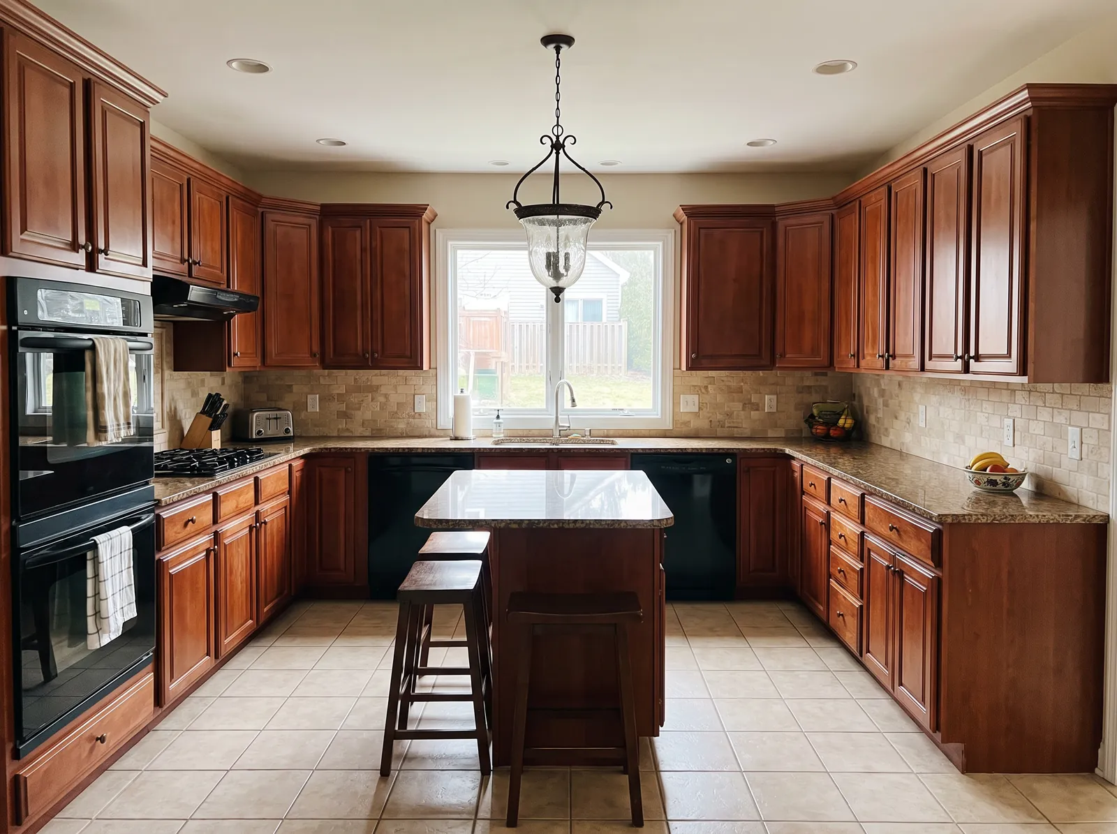 Before: a kitchen with dark cherry cabinets up to the ceiling, brown granite counters and an island