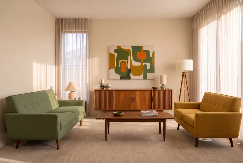 KI-Wohnzimmergestaltung (Mid-Century)