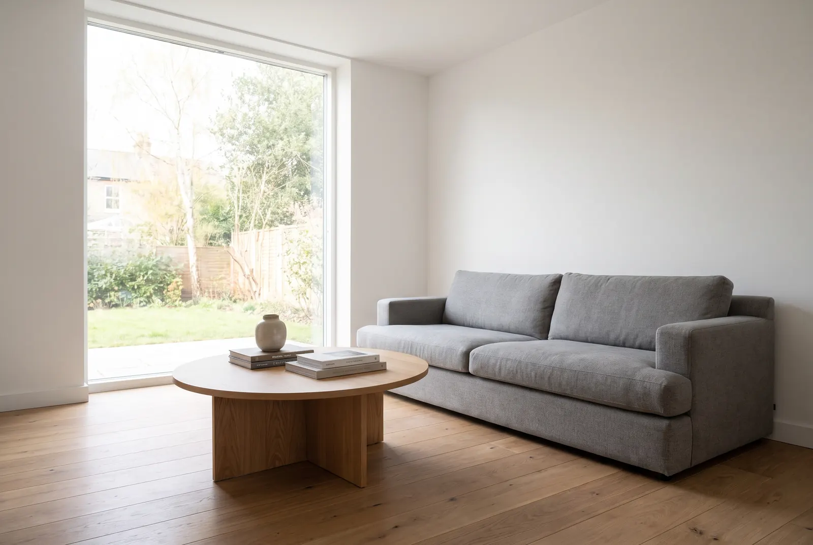 Weißes Wohnzimmer mit grauem Sofa, rundem Holzcouchtisch und großem Fenster