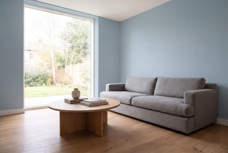Wandfarbe testen: Foto deines Raums hochladen und Farben ausprobieren (Taubenblau)