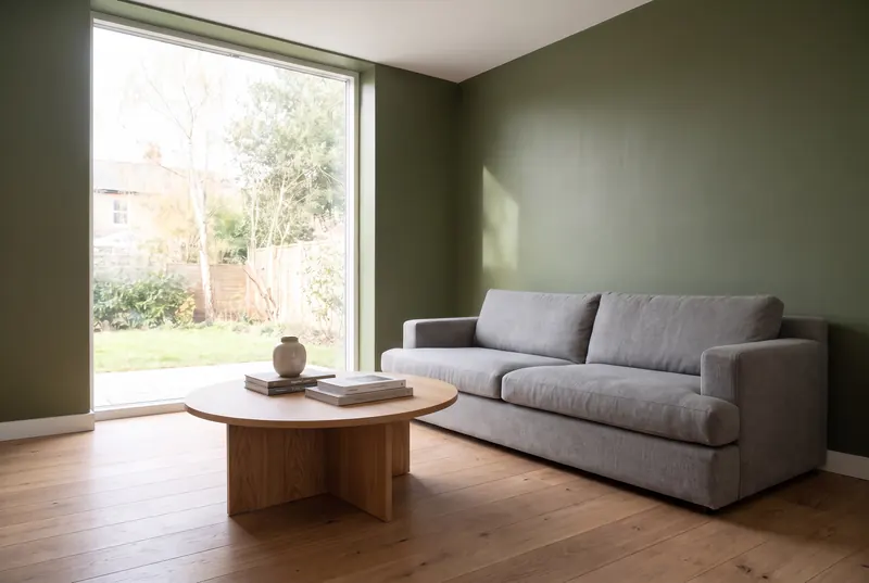 Wandfarbe testen: Foto deines Raums hochladen und Farben ausprobieren (Olivgrün)