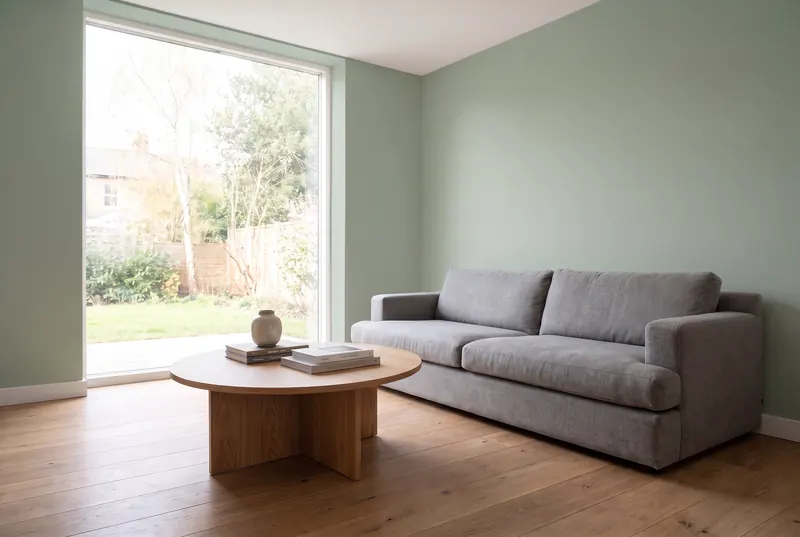 Wandfarbe testen: Foto deines Raums hochladen und Farben ausprobieren (Salbeigrün)