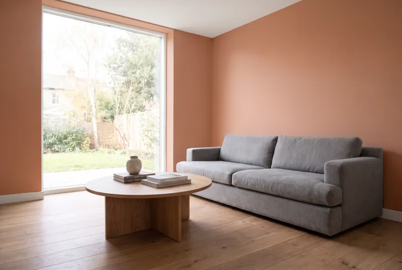 Wandfarbe testen: Foto deines Raums hochladen und Farben ausprobieren (Terrakotta)